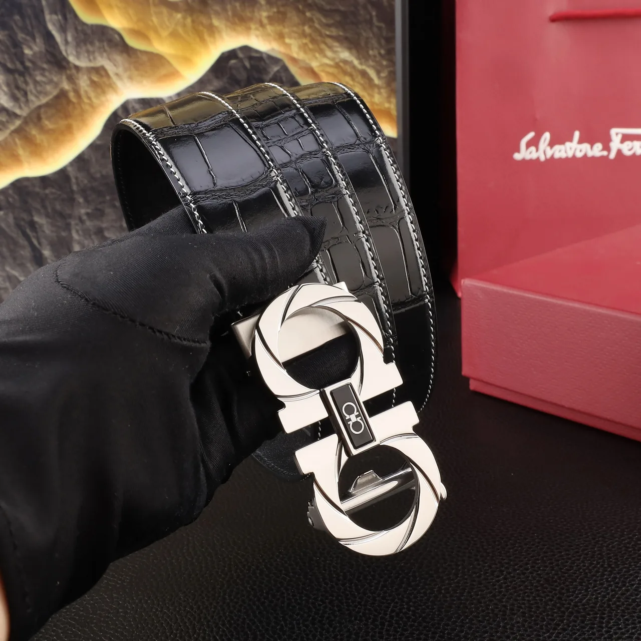 Ferragamo Croc-pattern automatic Gancini belt in Black · view 5