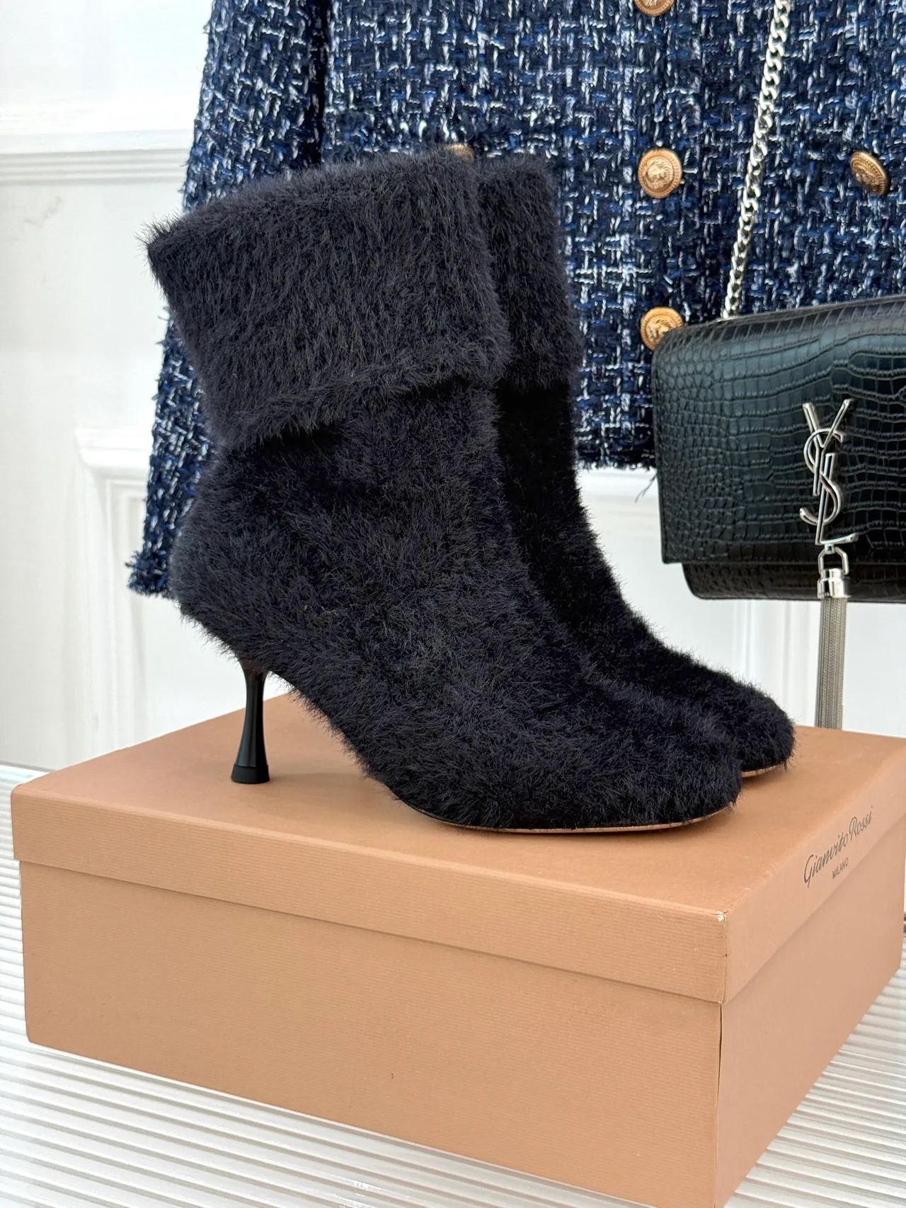 Gianvito Rossi Wool Fuzzy Ankle Boots in Black · view 1