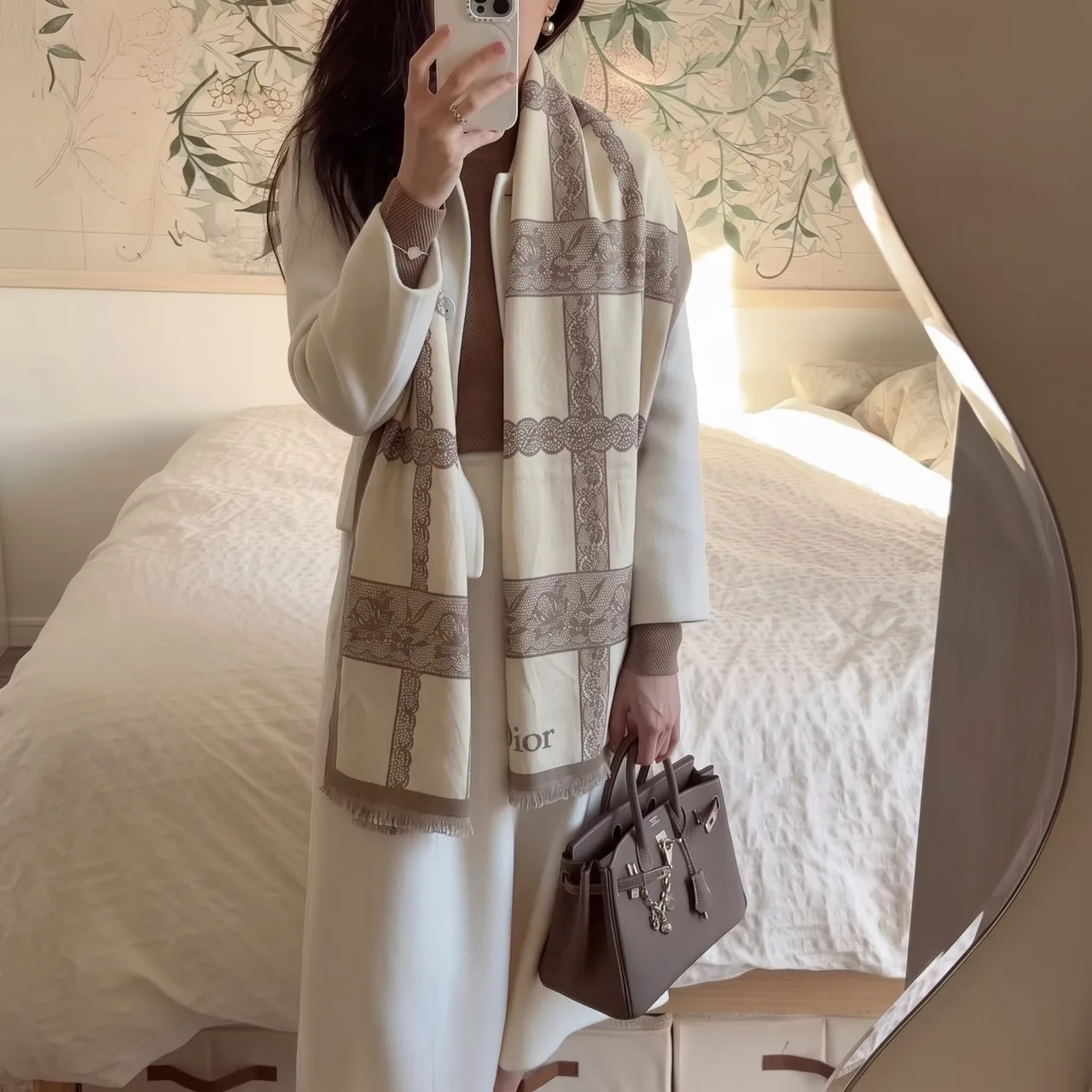Dior Lace-Pattern Border Scarf in White & Brown · view 1