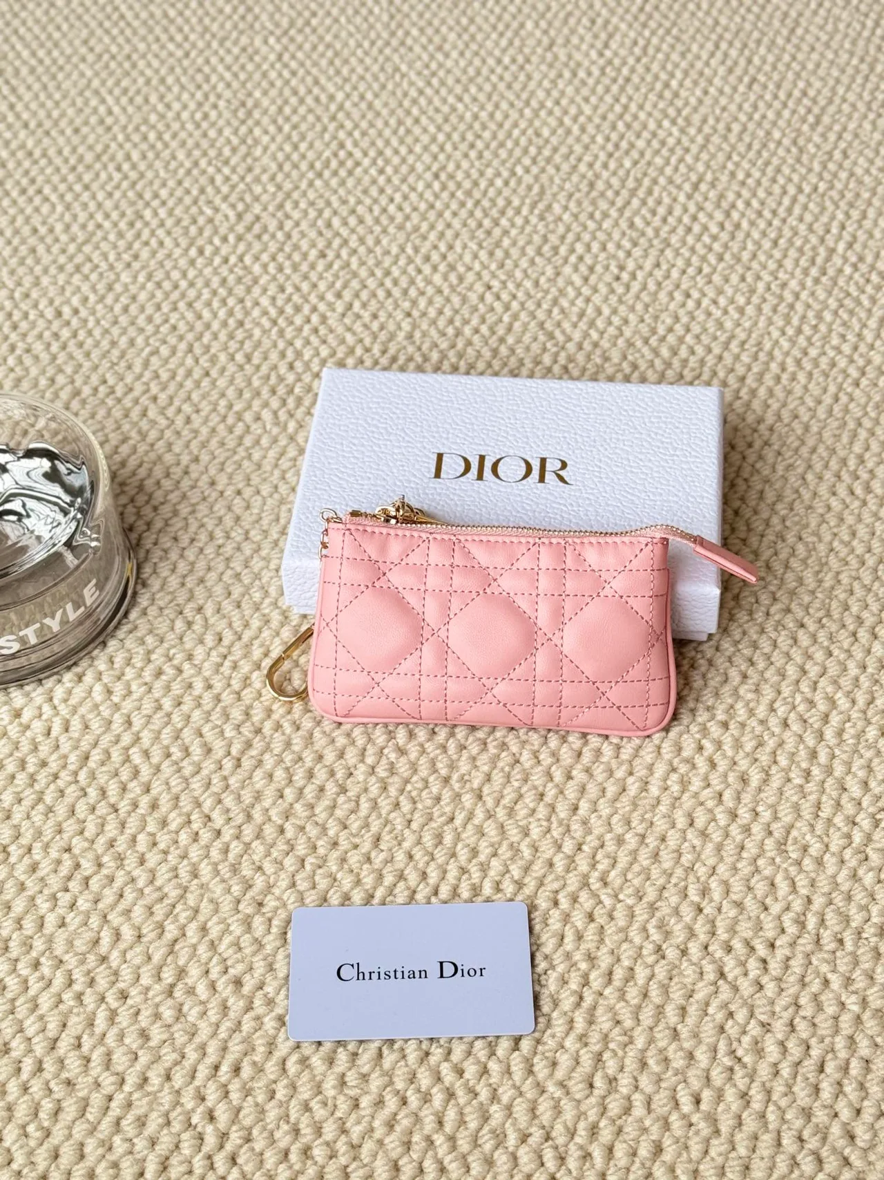 Dior Lambskin Quilted Zip Key Pouch in Pink · view 1