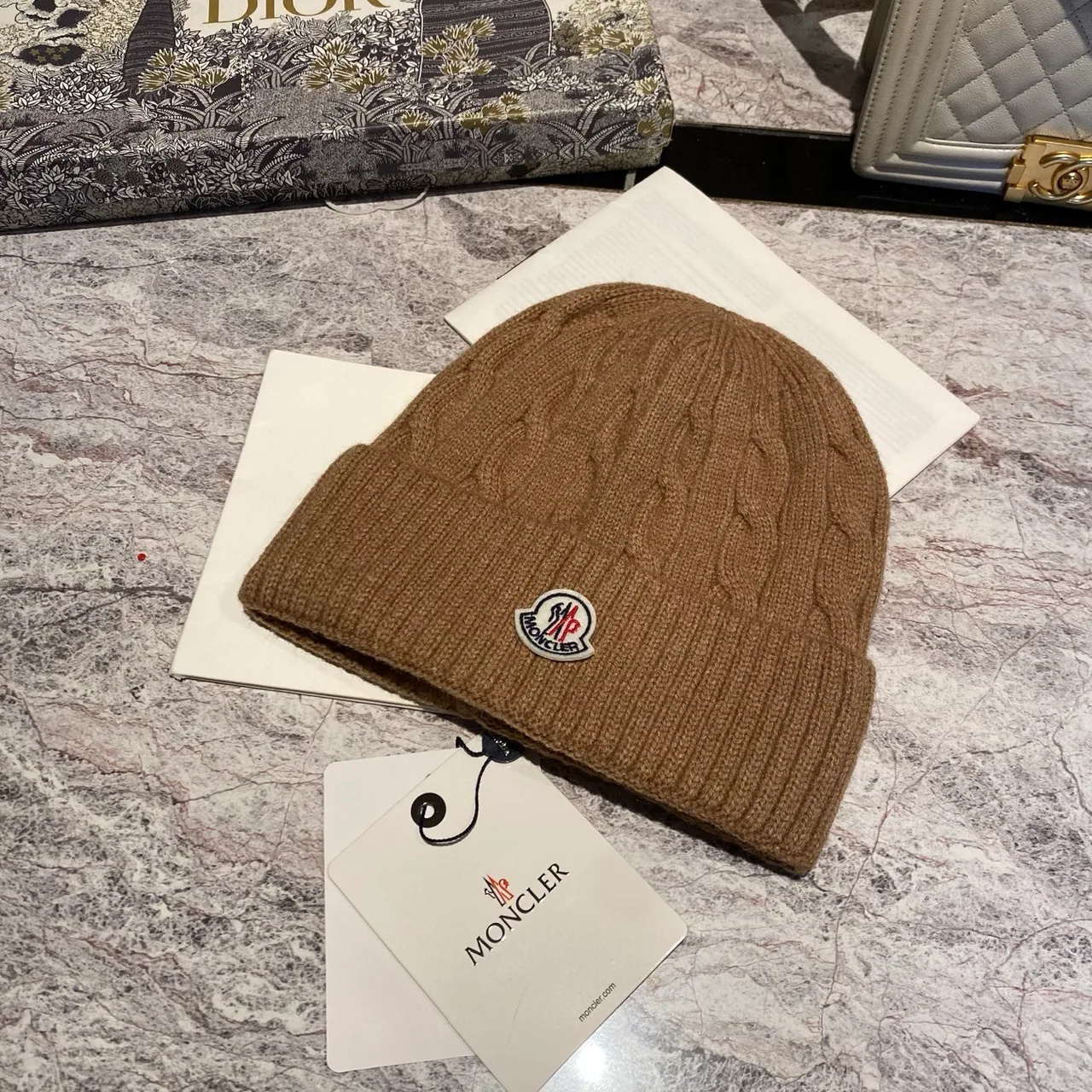 Moncler Cable-Knit Beanie in Burgundy & Cream & Tan & Blue & Grey & White & Black & Pink · view 3