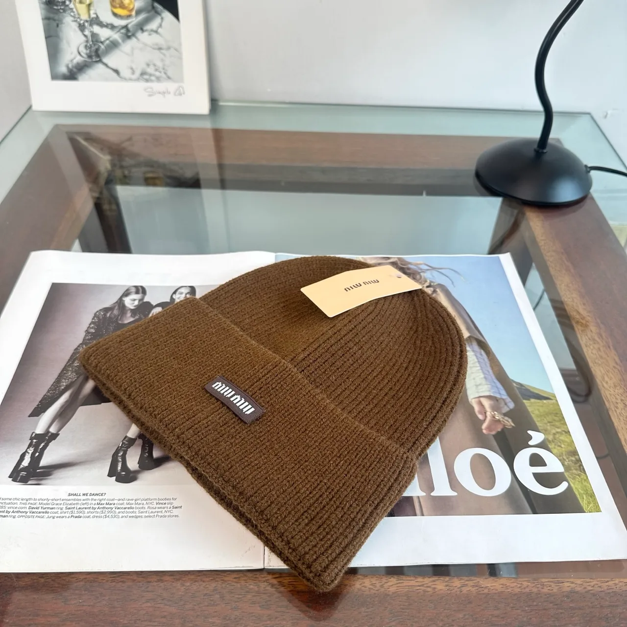 Miu Miu Ribbed Beanie in Brown · view 2