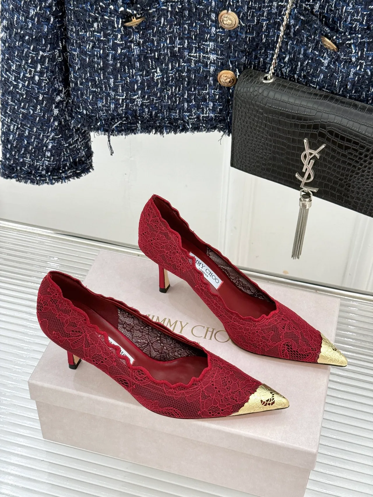 Jimmy Choo Pointed-Toe Lace Heel Pumps in Burgundy · view 4