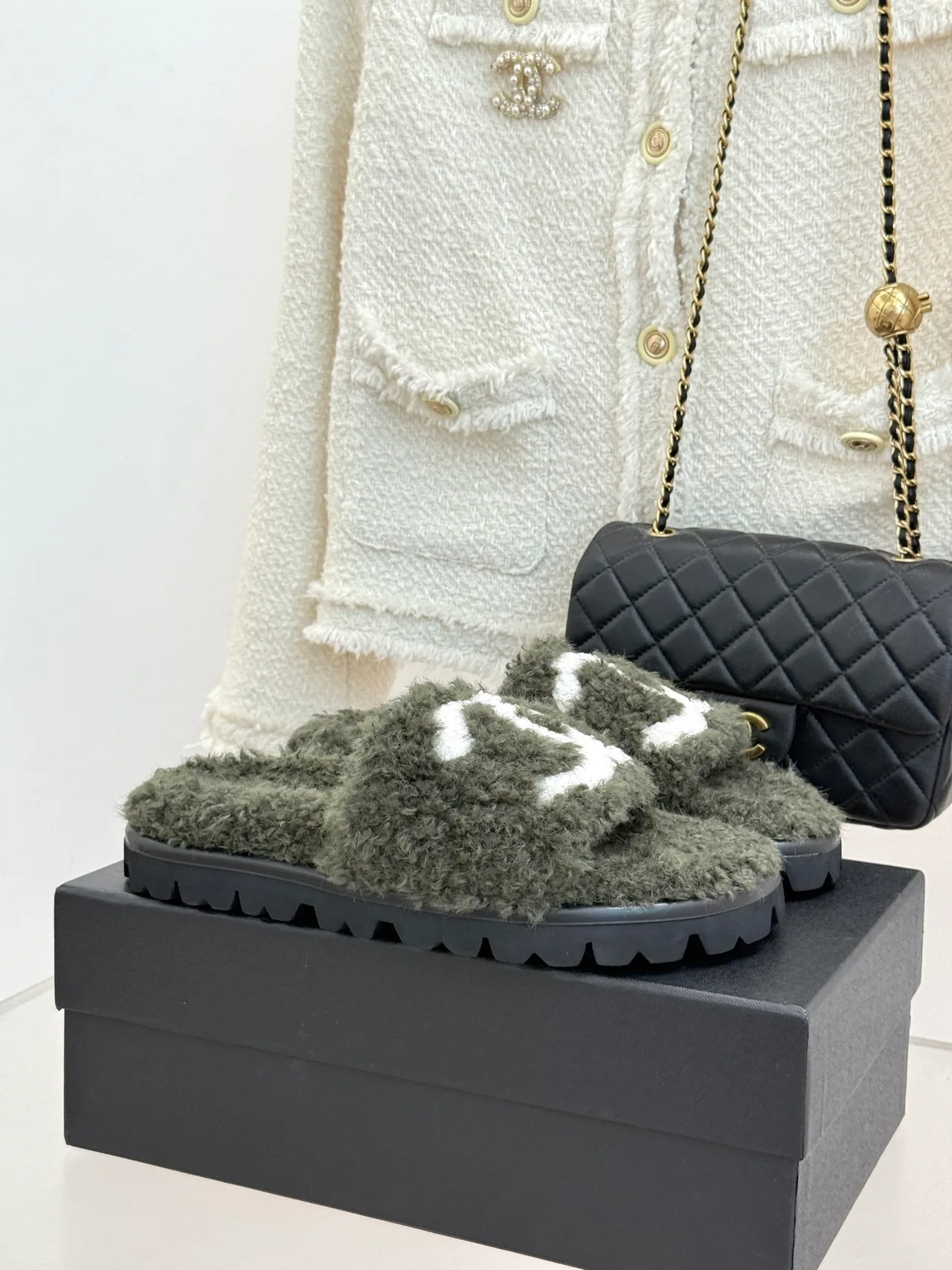 Chanel Denim Slippers in Green · view 1