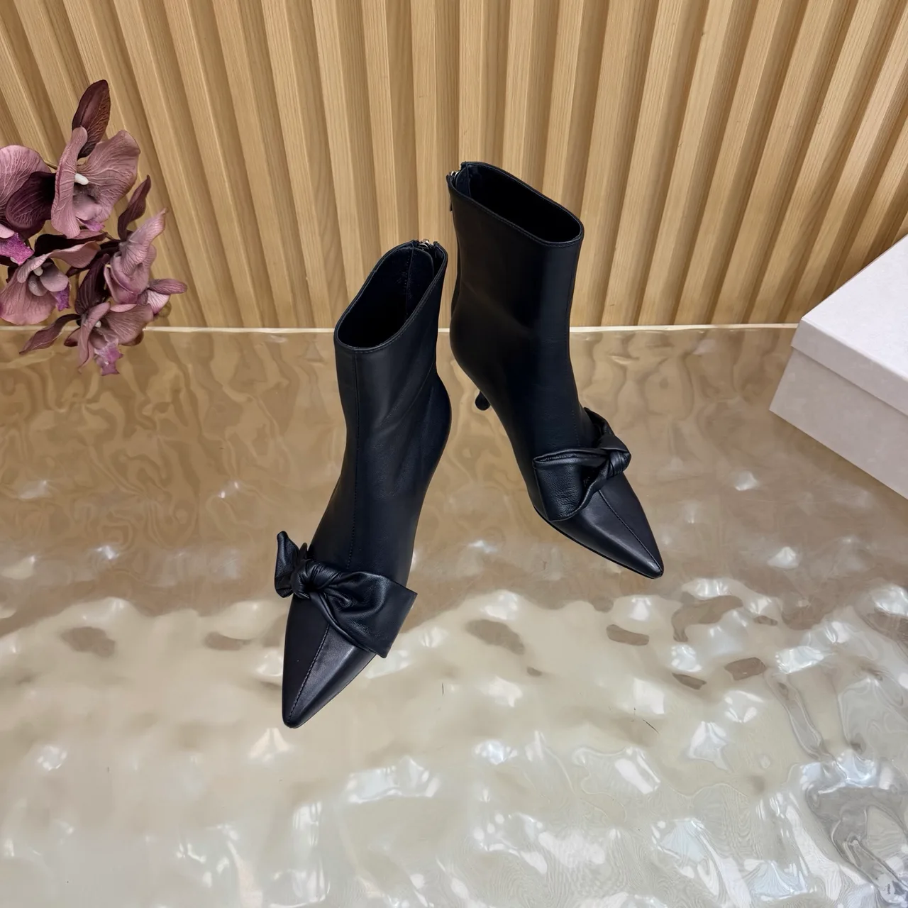 Jimmy Choo Cowhide Glossy Pointed-Toe Bow Knot Ankle Boots in Black · view 6