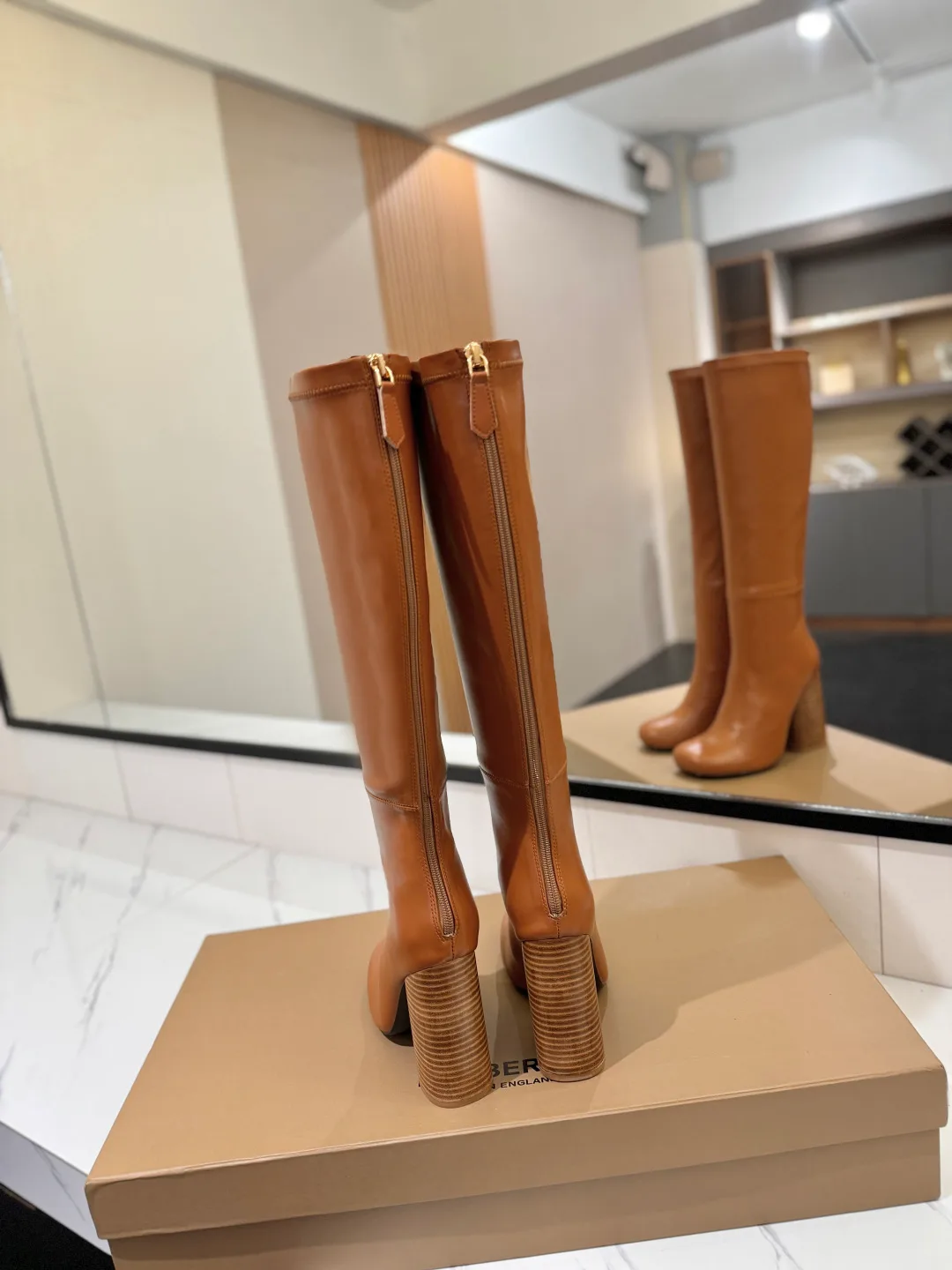 Burberry Glossy Knee-High Boots in Tan · view 6