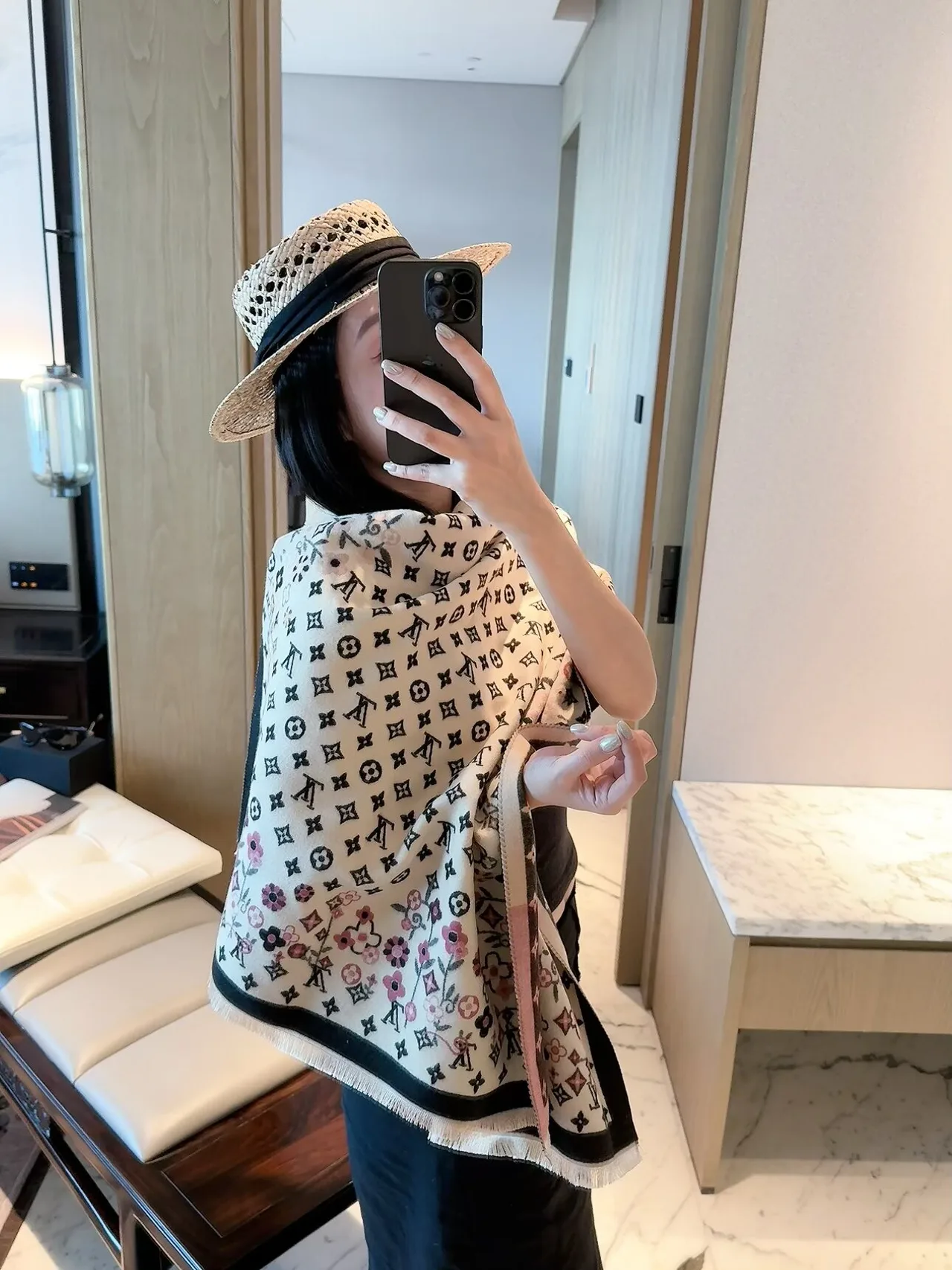 Louis Vuitton Floral Monogram Scarf in Pink & Cream · view 6
