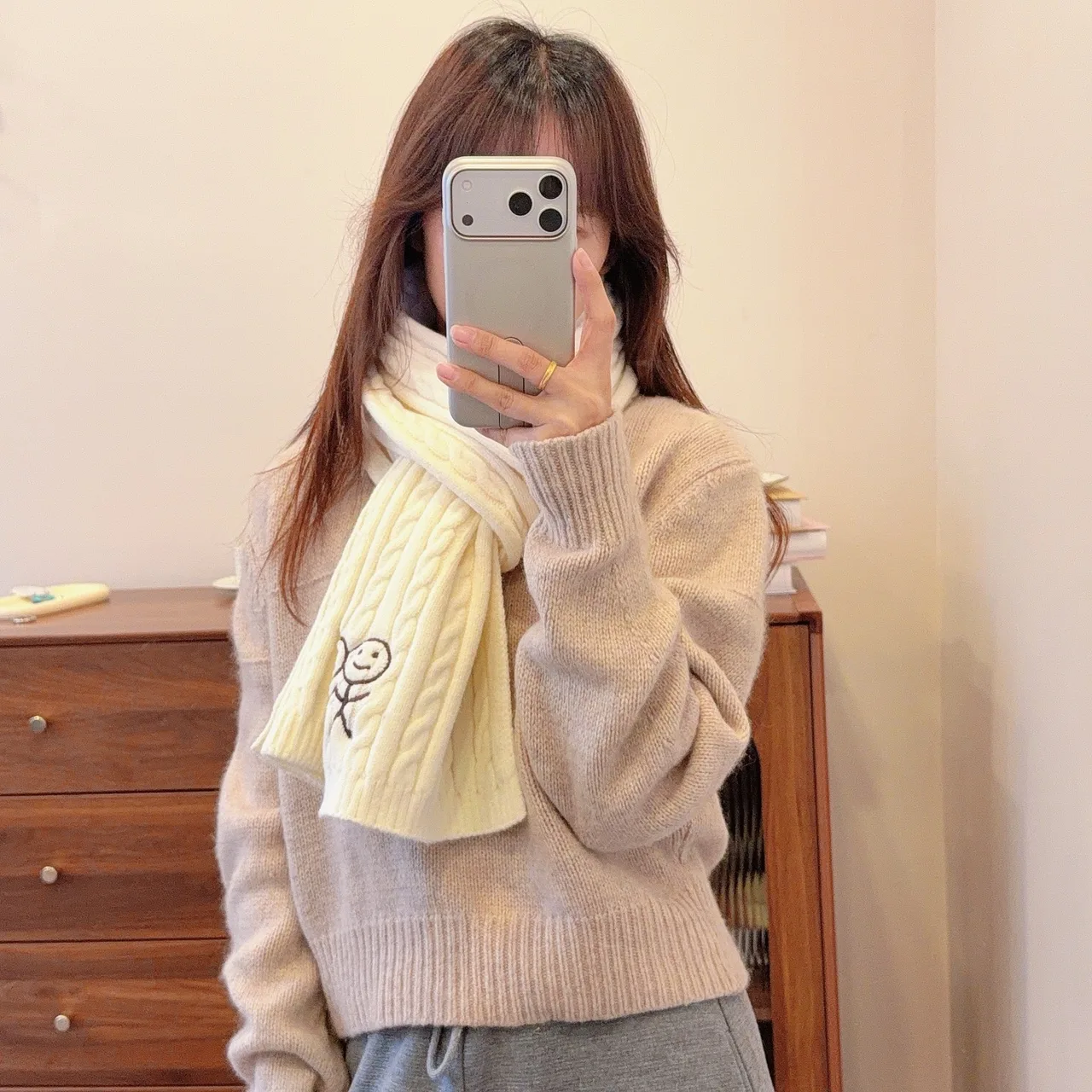 Embroidered Stick-Figure Cable-Knit Scarf in White · view 5