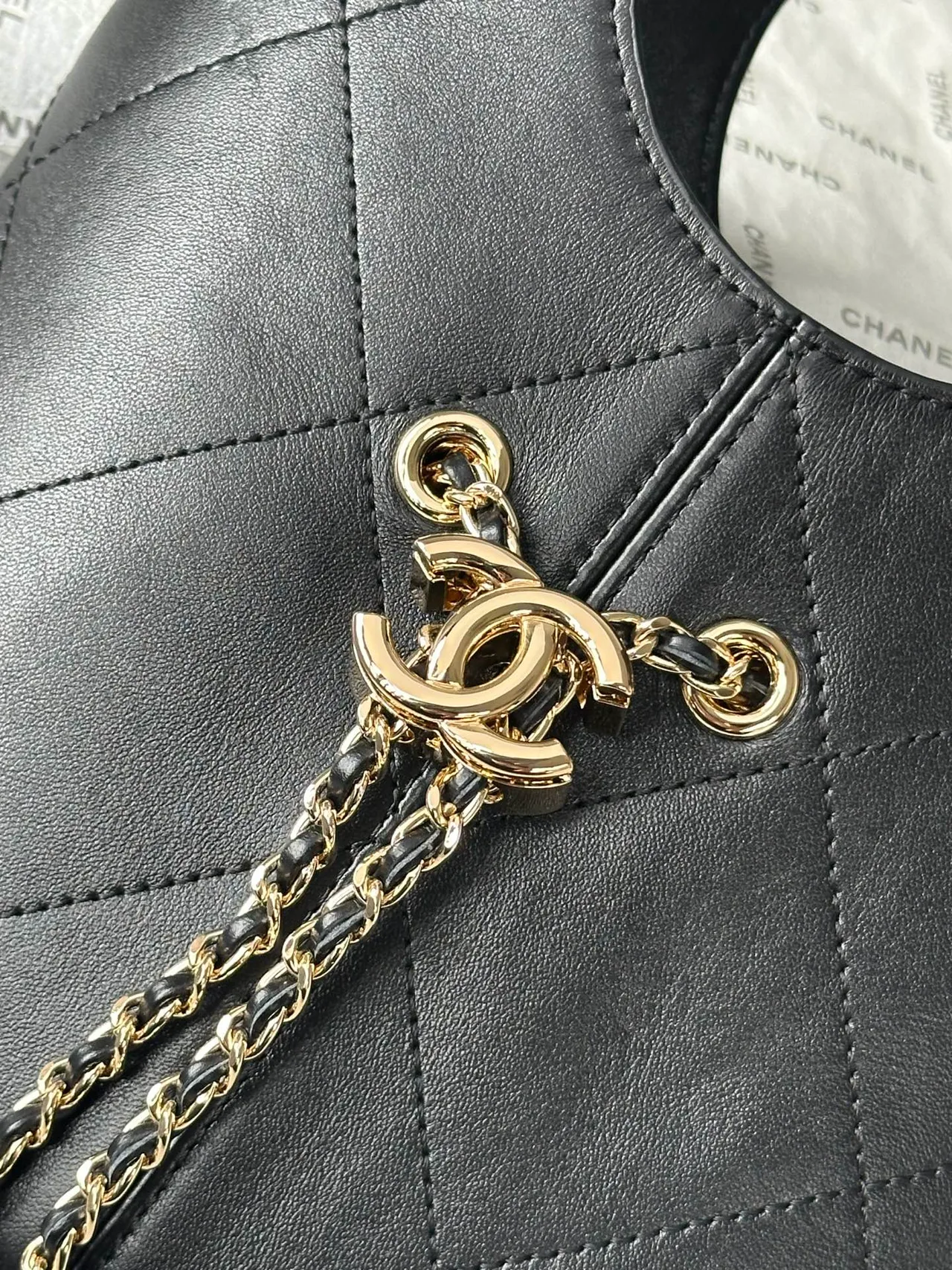 Chanel Leather Quilted Bucket Bag in Black · view 6