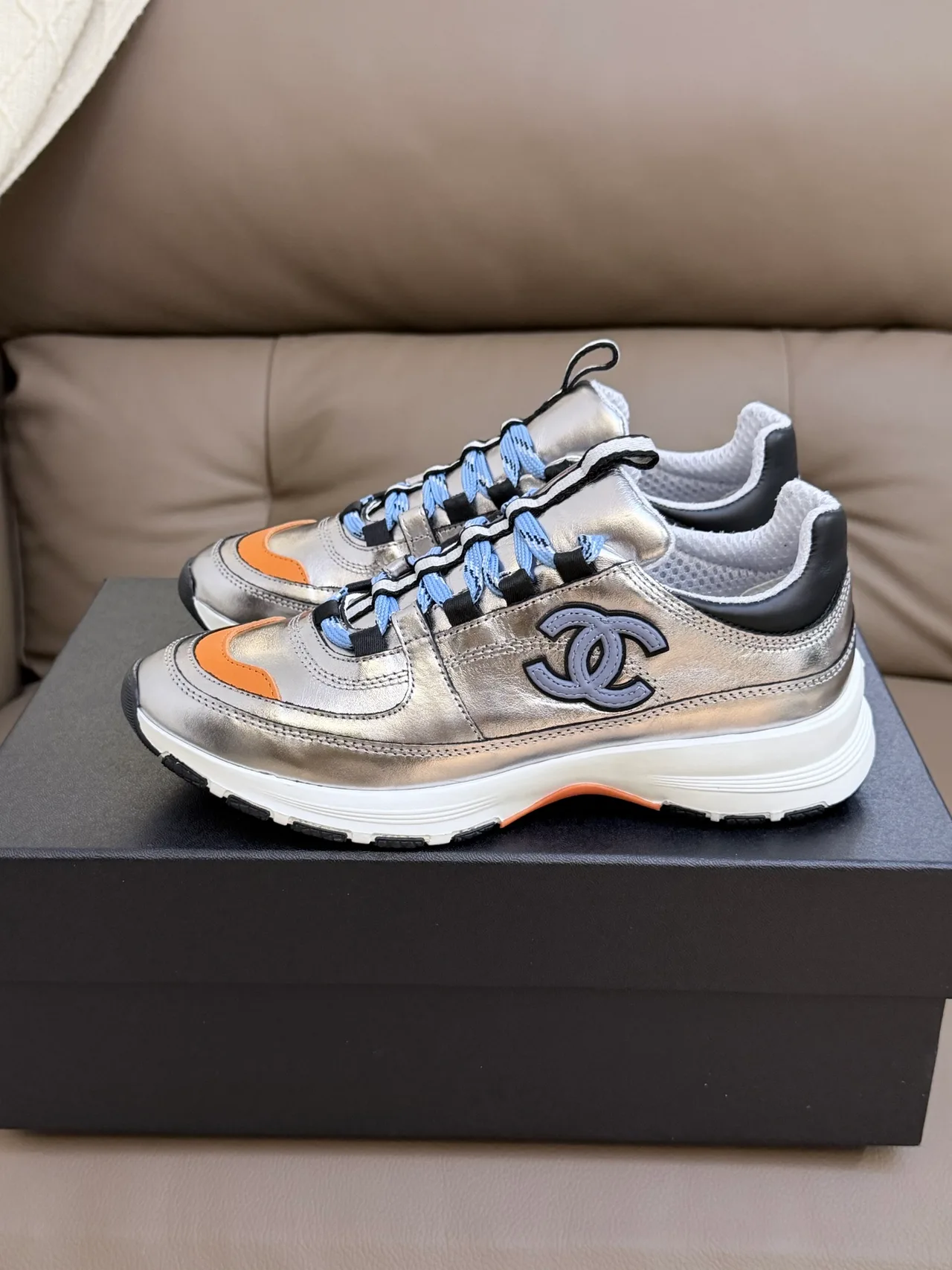 Chanel Cowhide Sheepskin Lace-Up Sneakers in Silver · view 5