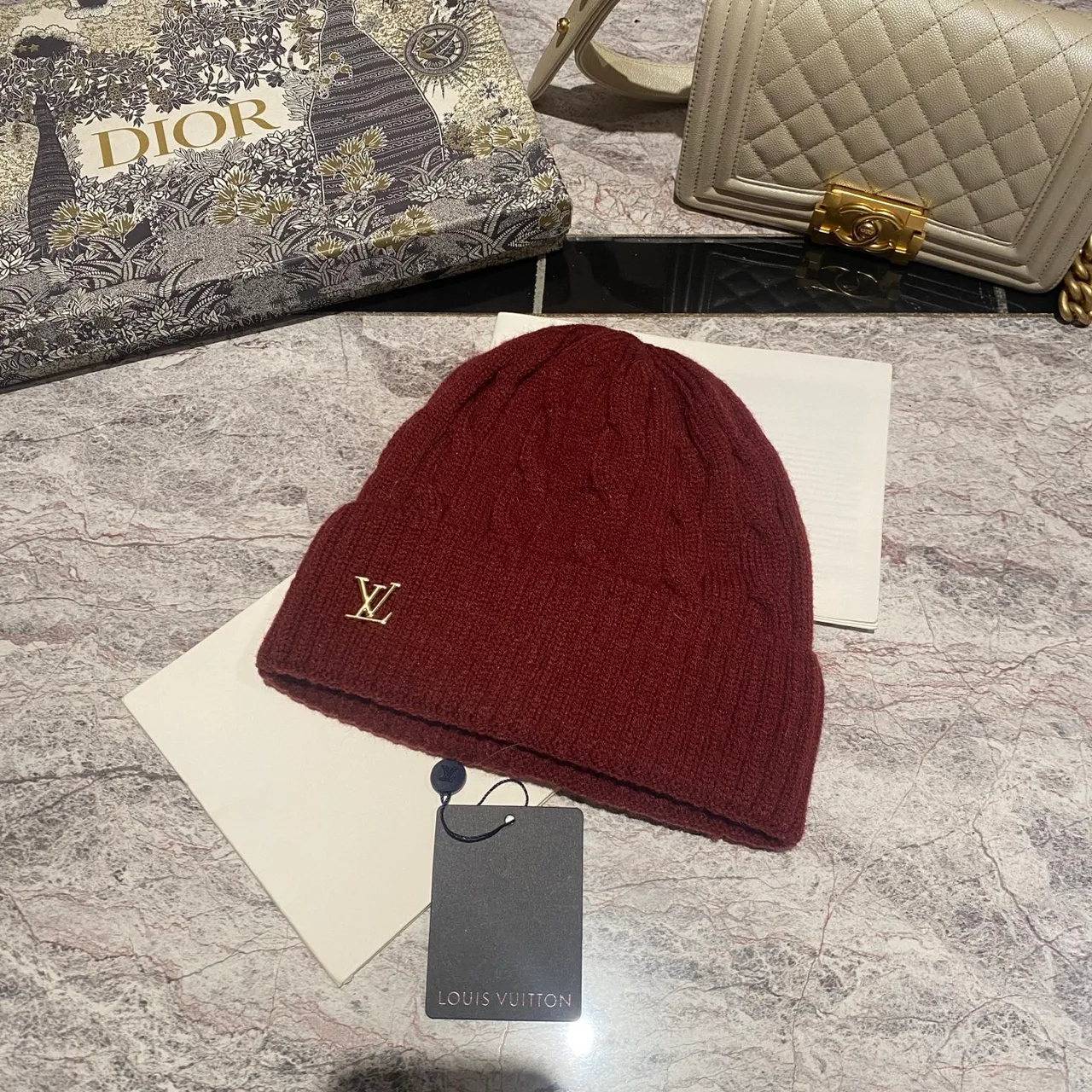Louis Vuitton Cable-Knit LV Beanie in Grey & Cream & Pink & White & Tan & Burgundy & Blue & Black · view 7