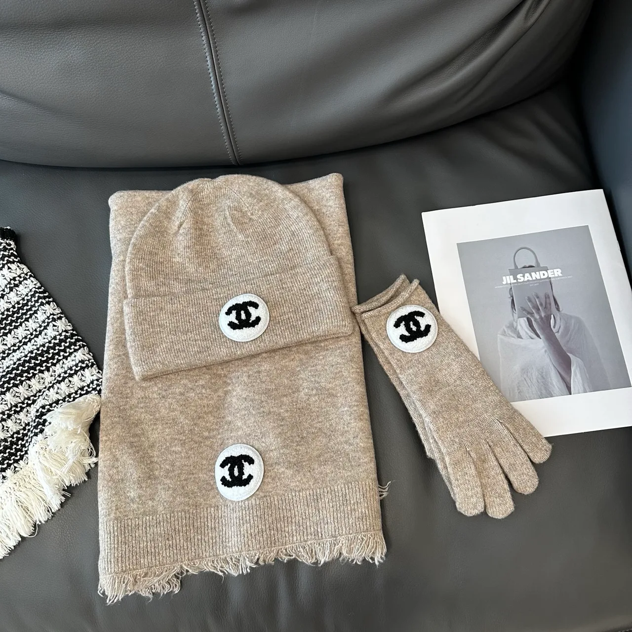 Chanel Hat Scarf and Gloves Set in Black & Grey & Beige & White · view 5