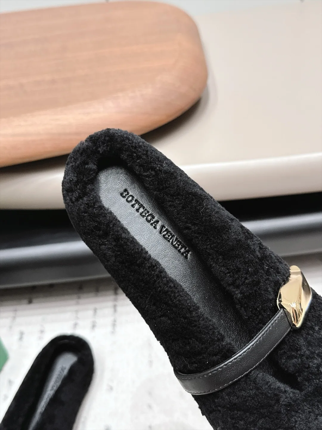 Bottega Veneta Sheepskin Round-Toe Buckle Mary Jane Mules in Black · view 6