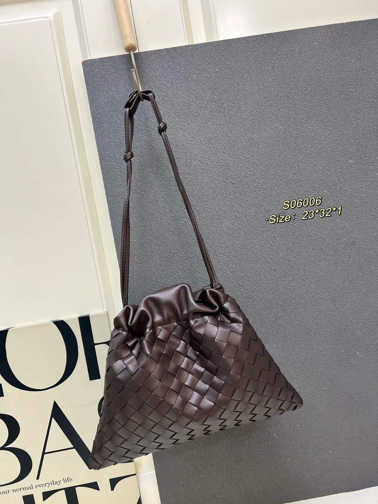 Bottega Veneta Smooth Woven Drawstring Pouch in Brown · view 2