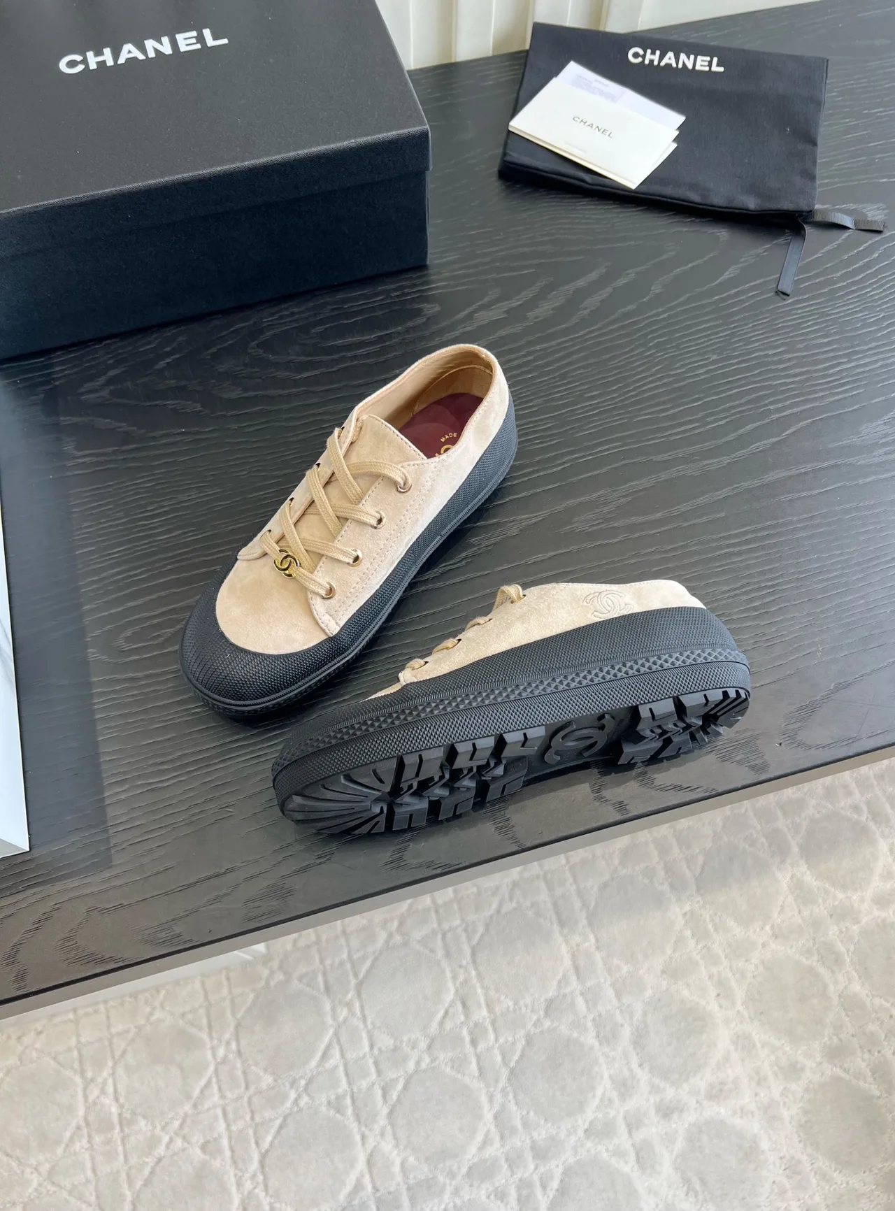 Chanel Suede-Look Round-Toe Sneakers in Beige · view 4
