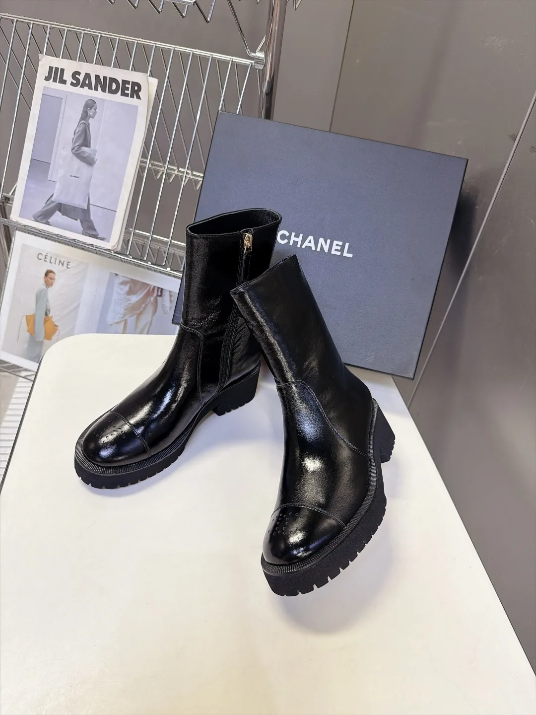 Chanel Cowhide Patent Leather Glossy Round-Toe Ankle Boots in Black · view 4