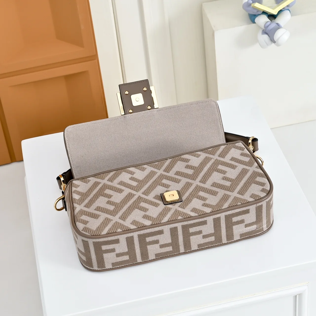 Fendi Baguette FF-Embroidered Canvas Shoulder Bag in Beige · view 3