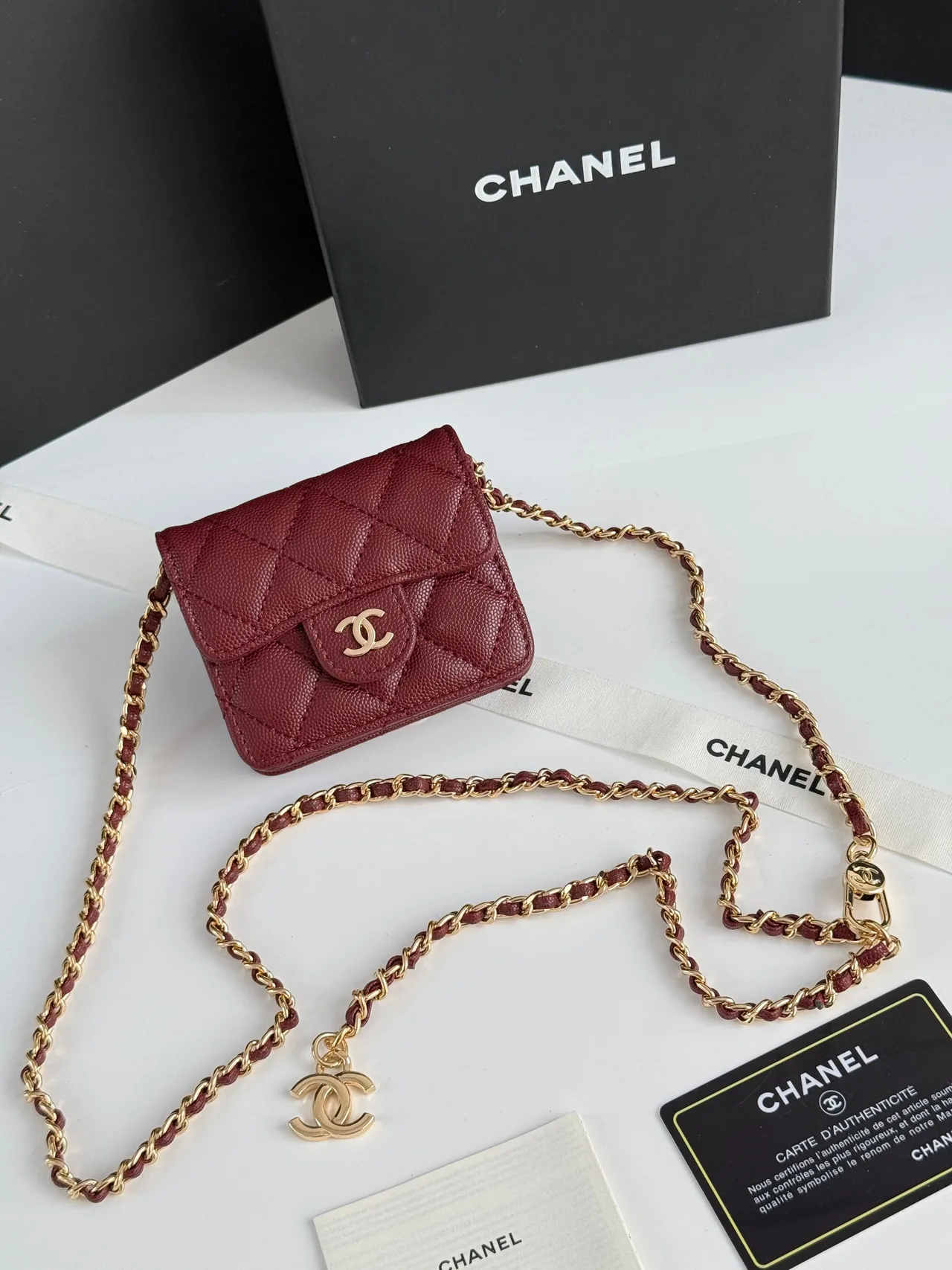 Chanel Quilted Chain Mini Wallet in Burgundy · view 3