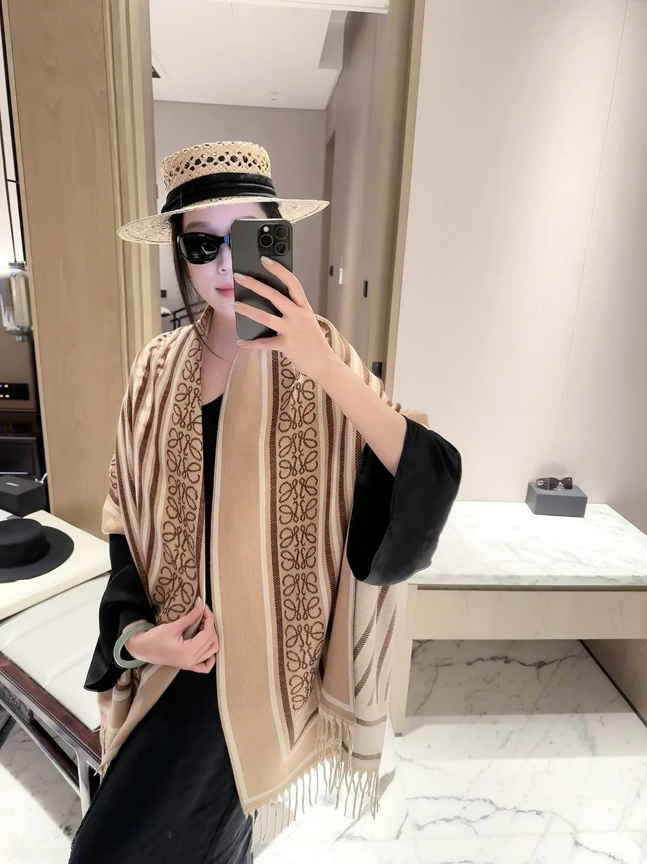 Loewe Striped Anagram fringed scarf in Beige & Brown · view 3