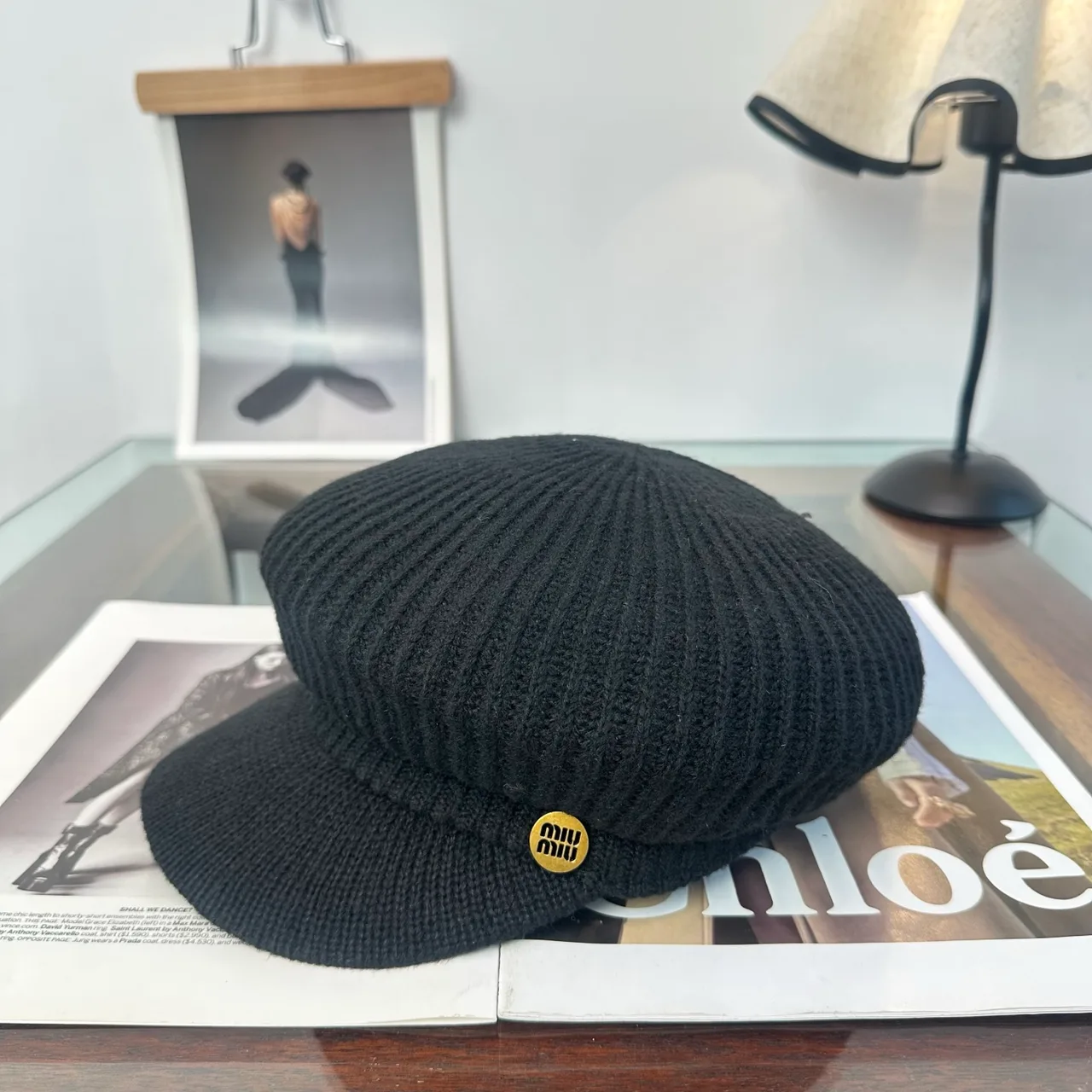 Miu Miu Ribbed Newsboy Cap in Black · view 1