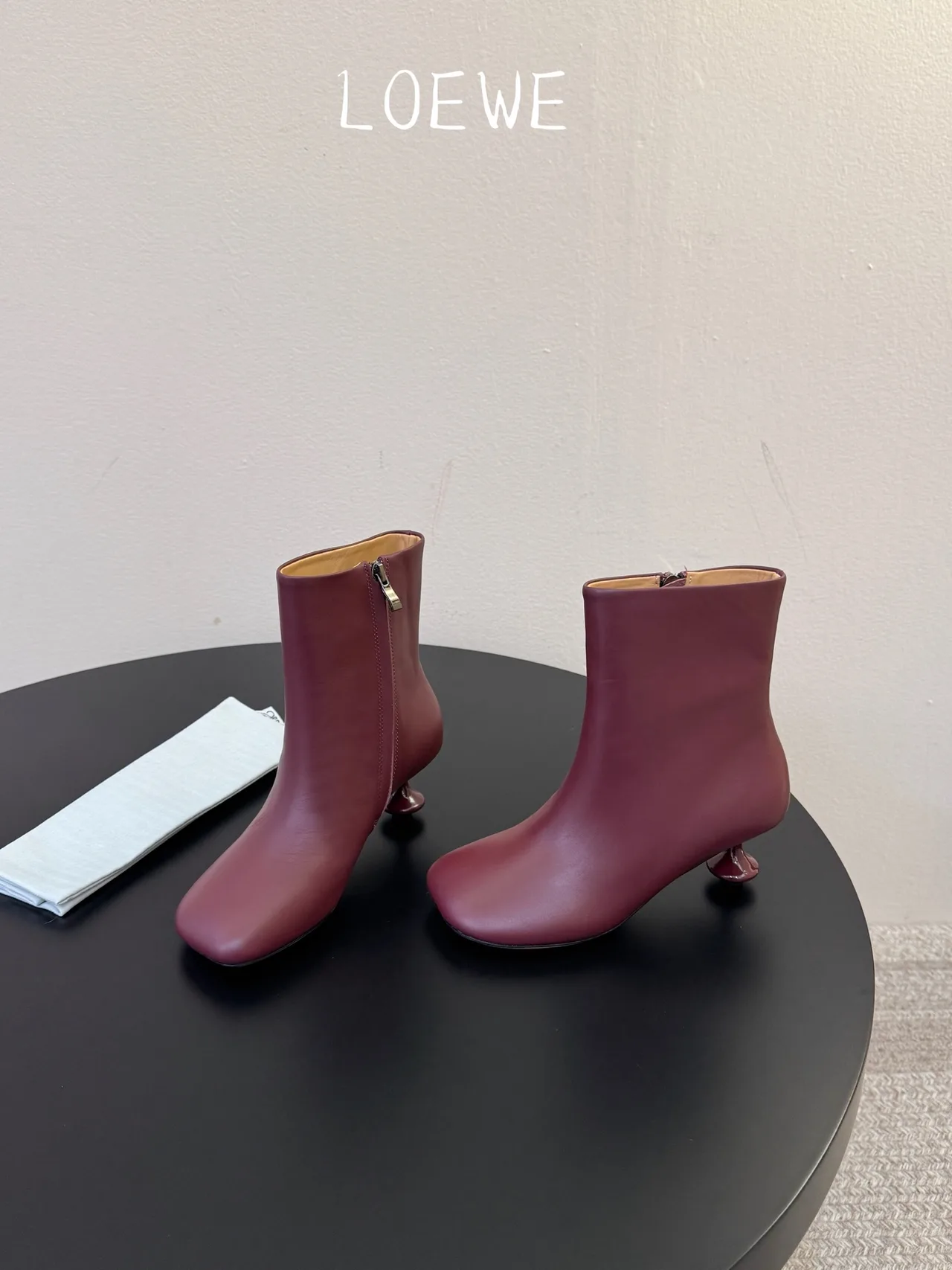 Loewe Cowhide Glossy Round-Toe Ankle Boots in Burgundy · view 3