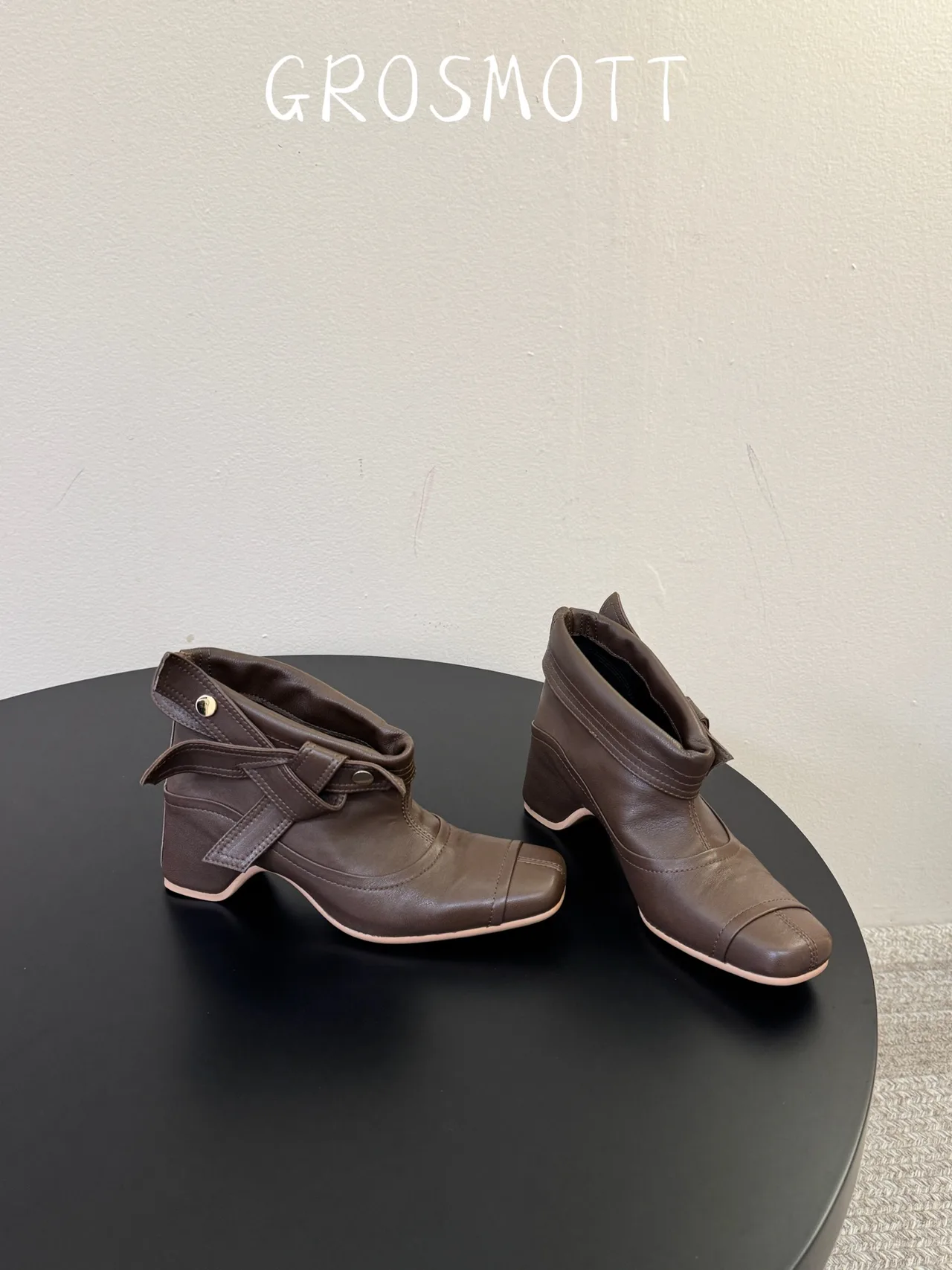 Sheepskin Smooth Pointed-Toe Buckle Ankle Boots in Brown · view 4