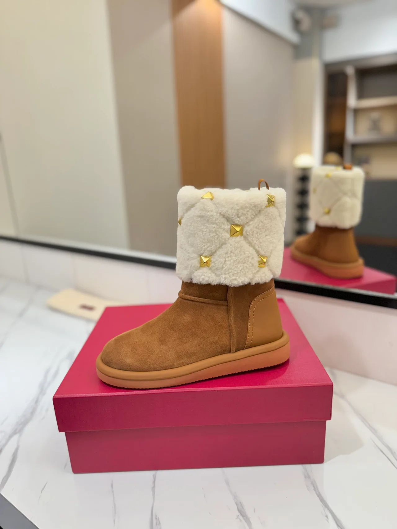 Valentino Quilted Suede-Look Boots in Tan · view 6