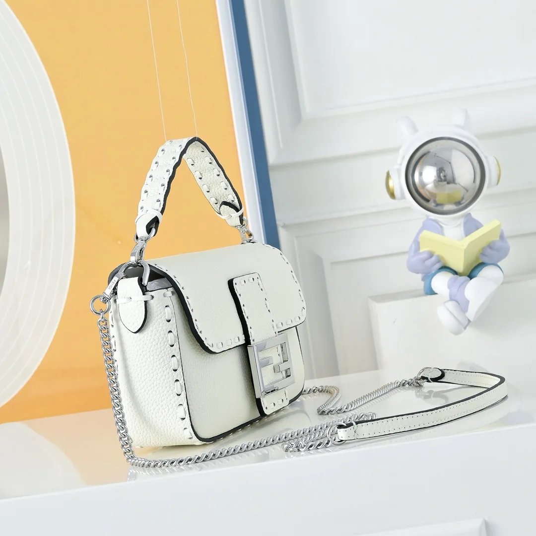 Fendi Baguette Textured Flap Shoulder Bag in White · view 3