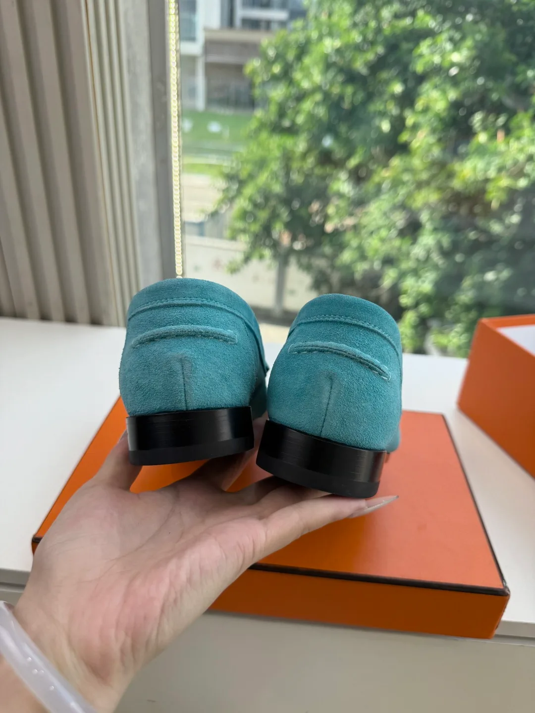 Hermes Calfskin Matte Suede-Look Round-Toe Loafers in Green · view 8