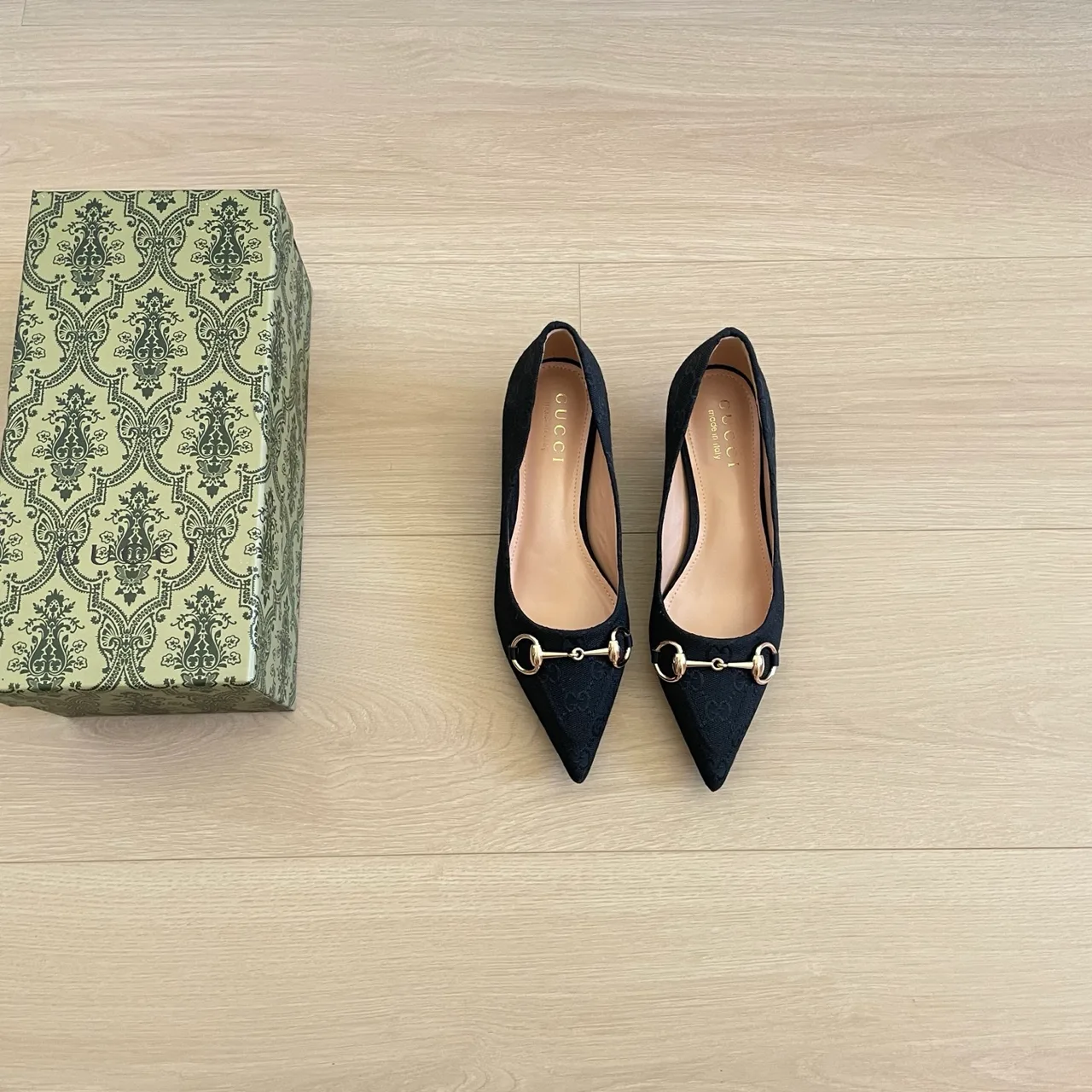 Gucci Canvas Pointed-Toe Buckle Horsebit Kitten Heel Pumps in Black · view 1
