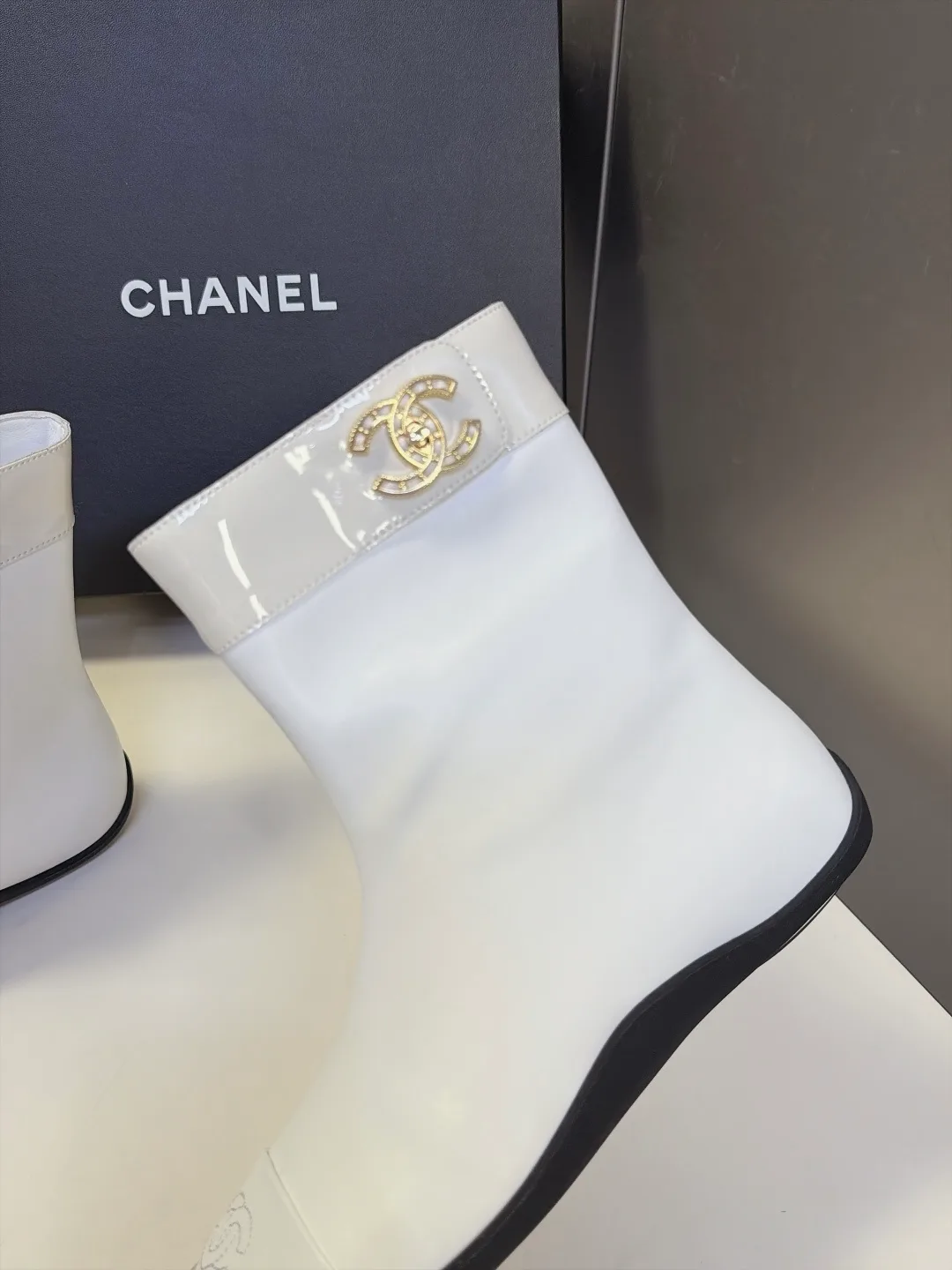 Chanel Calfskin Glossy Pointed-Toe Ankle Boots in White · view 7