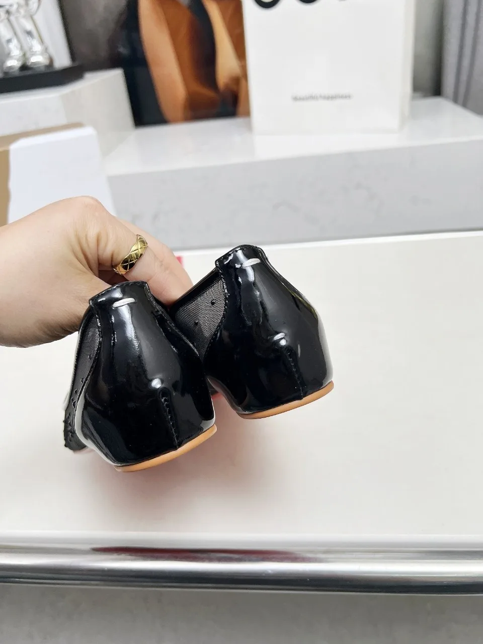Christian Louboutin Sheepskin Glossy Pointed-Toe Split Toe Flats in Black · view 8