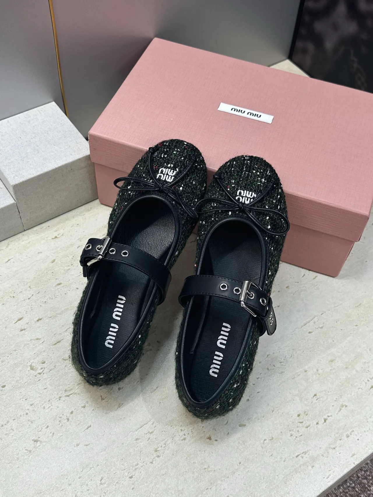 Miu Miu Calfskin Smooth Bow Buckle Mary Jane Flats in Green · view 4
