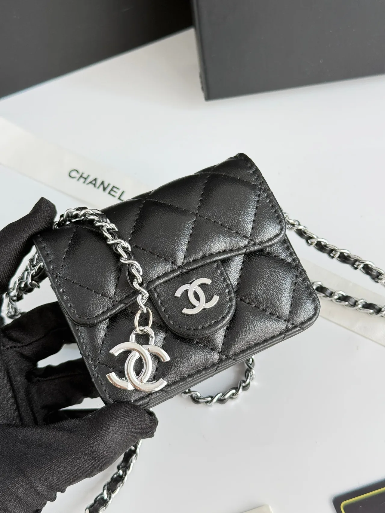 Chanel Glossy Quilted Mini Chain Bag in Black · view 4