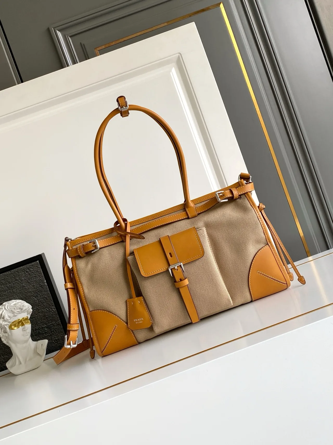Prada Canvas Flap Shoulder Bag in Beige · view 1