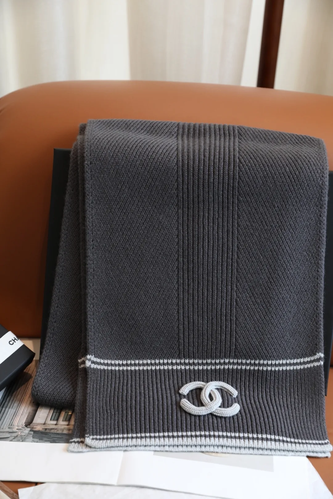 Chanel Wool Cashmere Striped Scarf in Grey · view 5