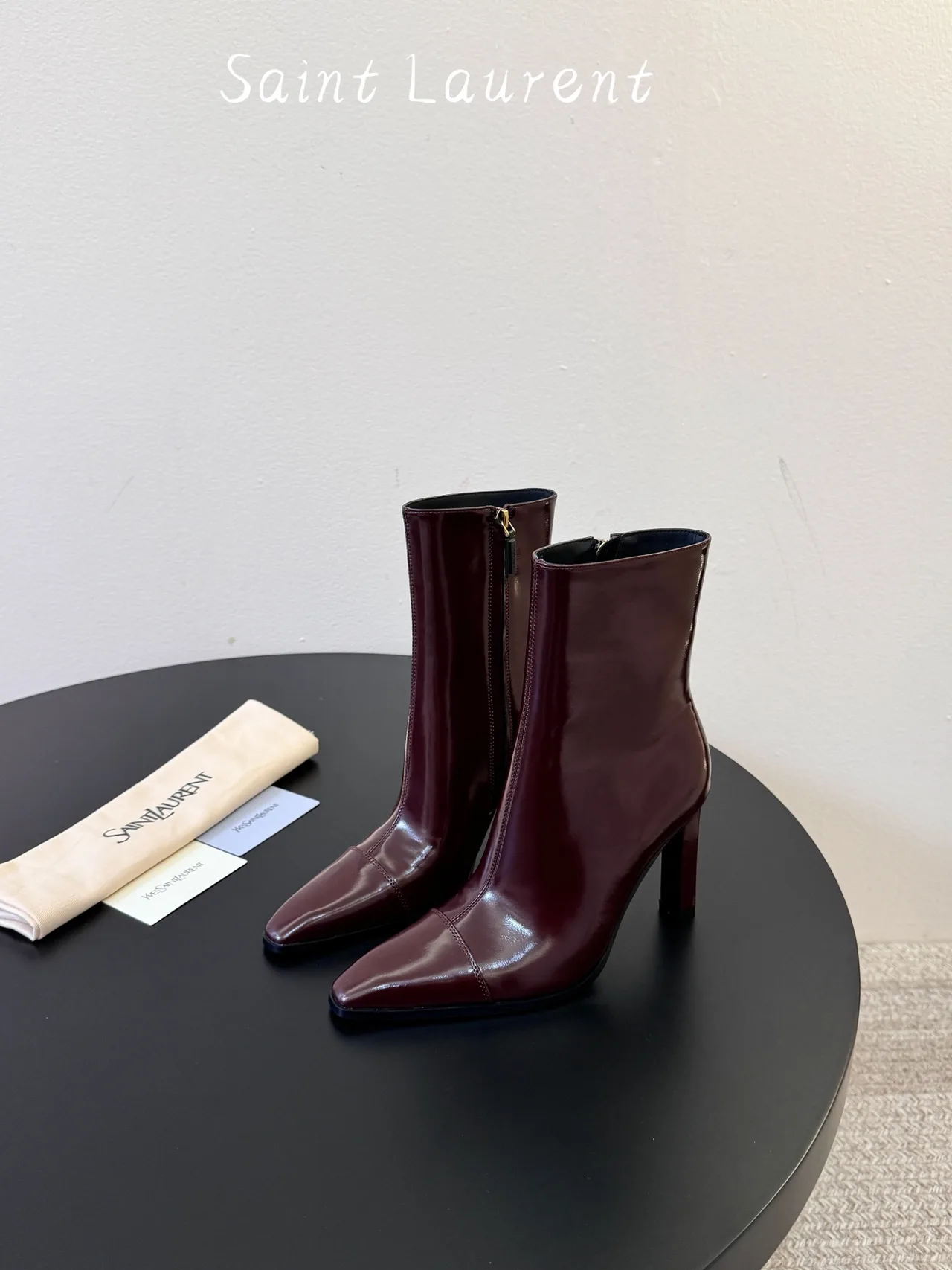 Saint Laurent Glossy Pointed-Toe Ankle Boots in Burgundy · view 5