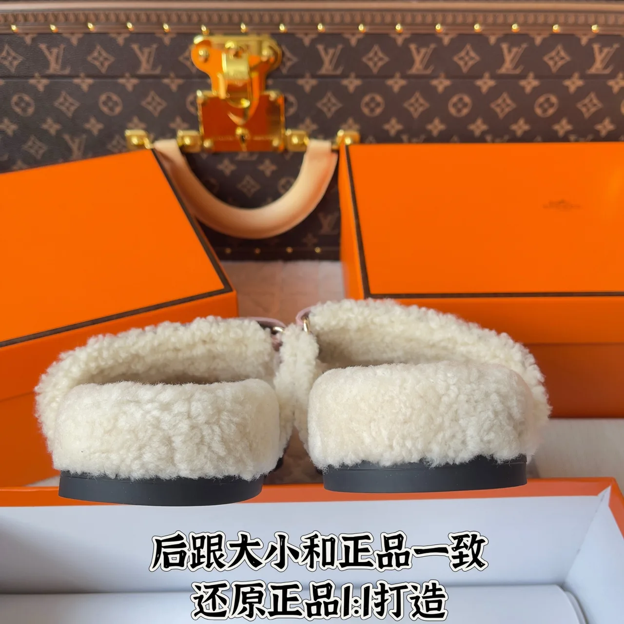 Hermes Smooth Shearling H Slides in Pink · view 8