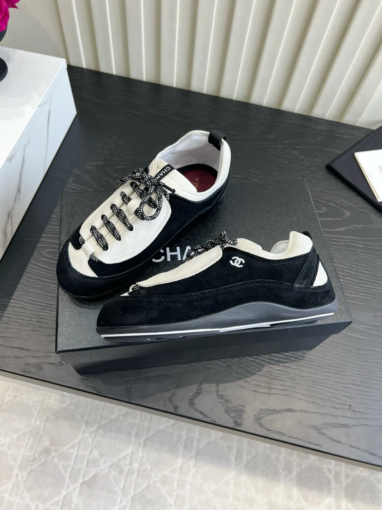 Chanel Cowhide Suede-Look Sneakers in Black · view 4
