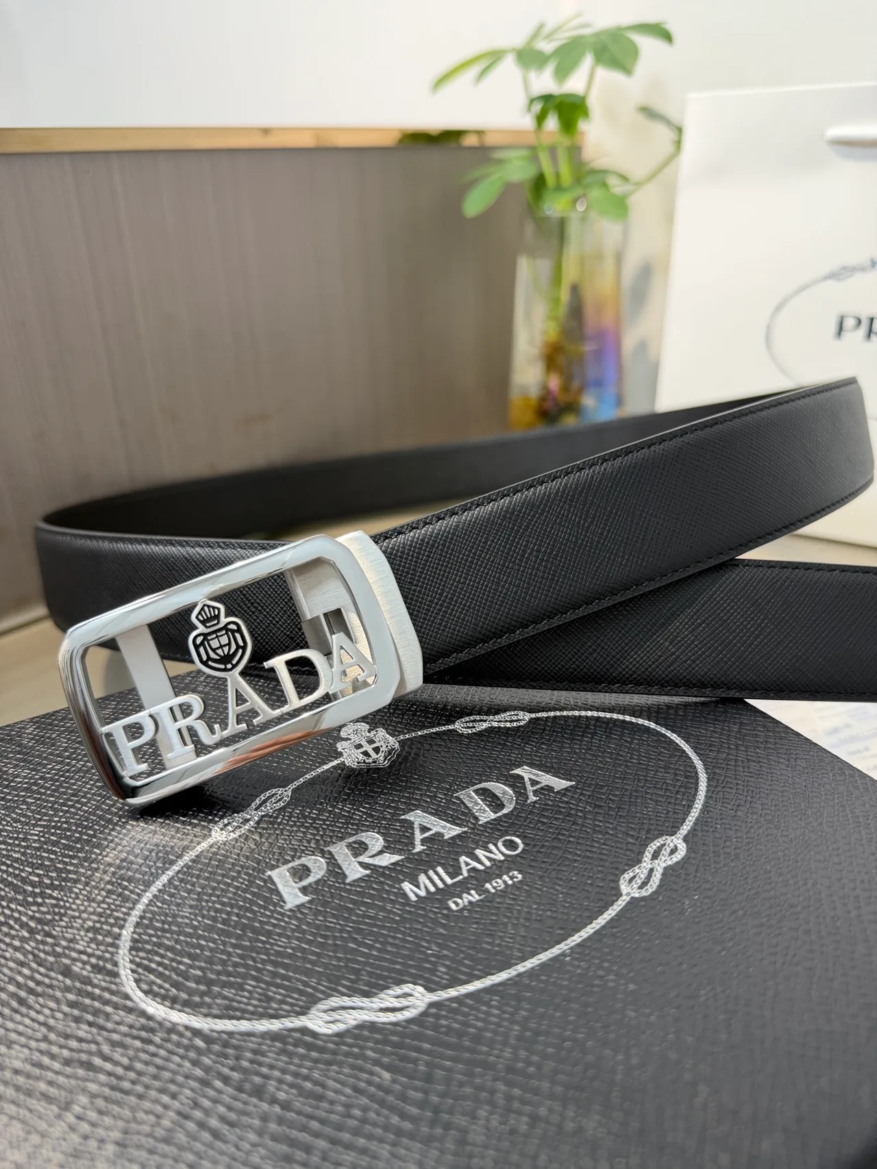 Prada Calfskin Glossy Belt in Black · view 3