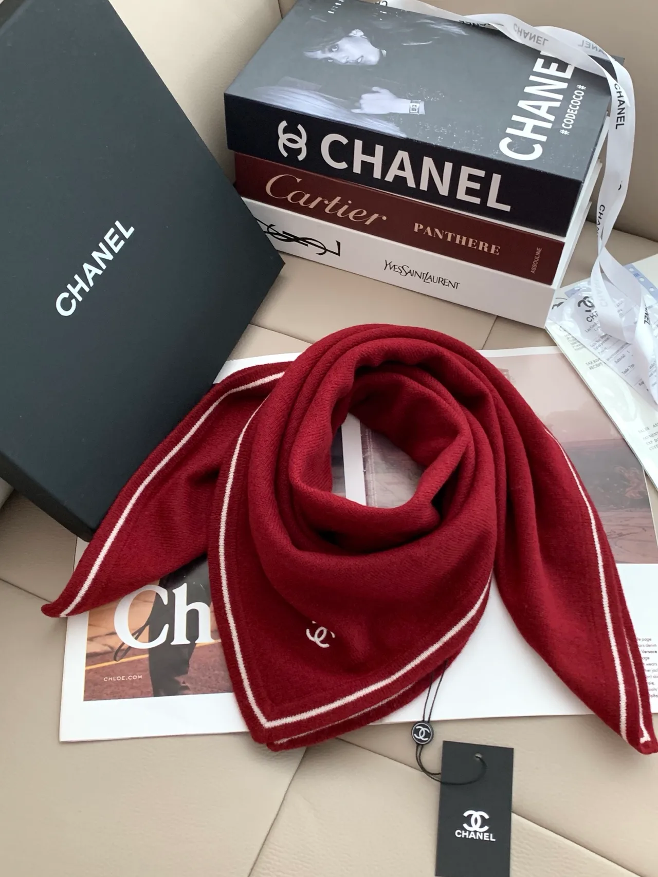 Chanel Square Scarf in Burgundy & Black · view 6