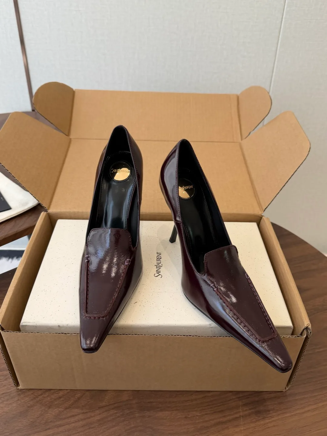 Saint Laurent Cowhide Glossy Pointed-Toe Pumps in Burgundy · view 3