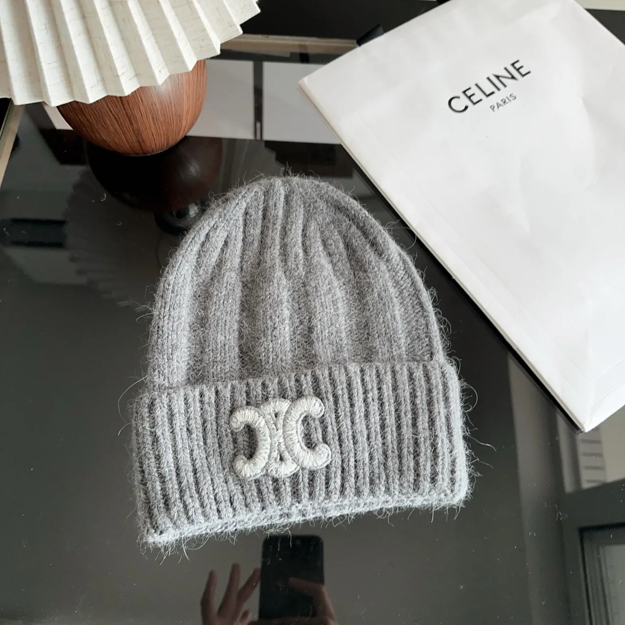 Celine Ribbed Embroidered Beanie in Grey · view 1
