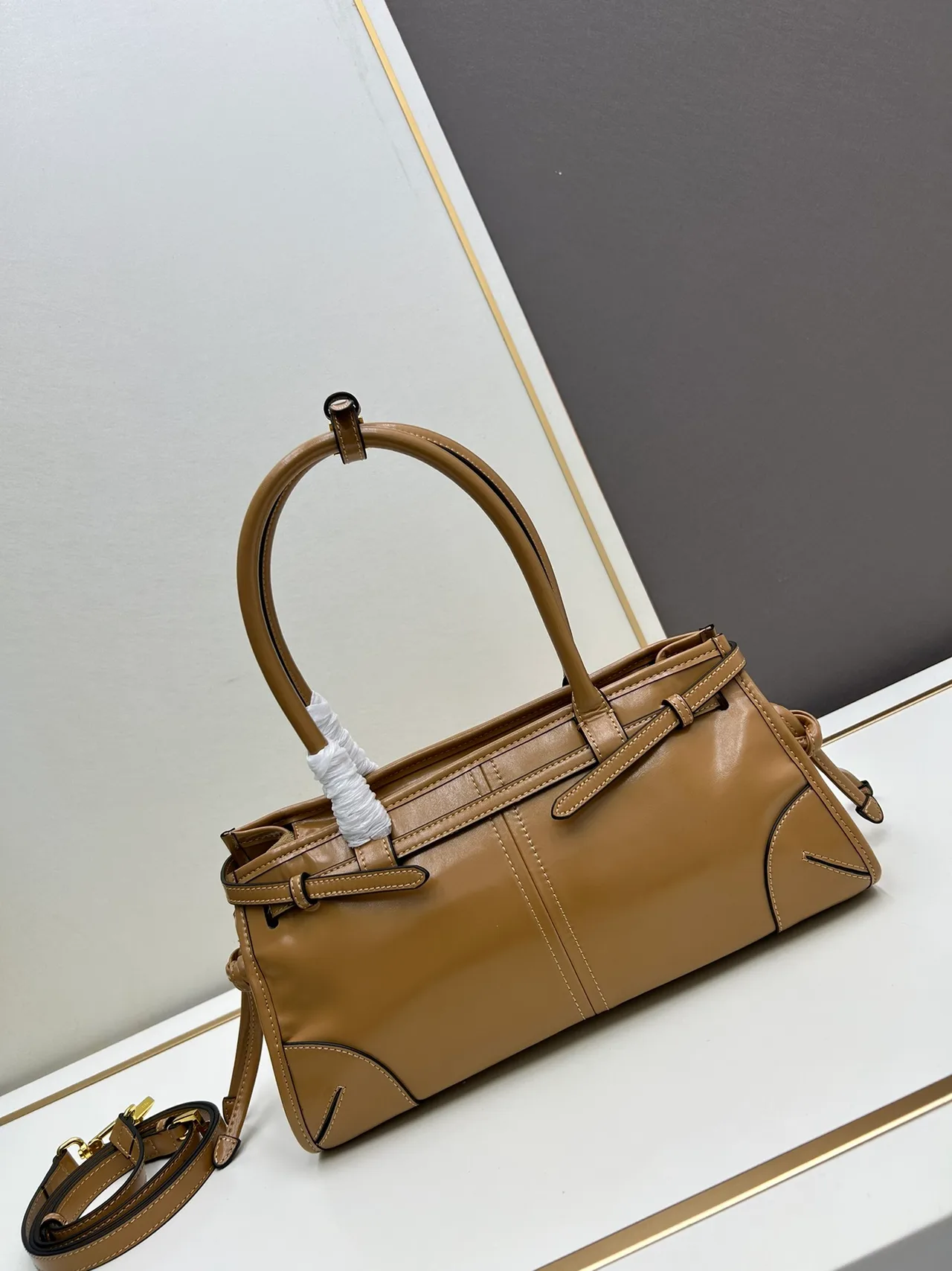 Prada Smooth Top-Handle Bag in Tan · view 3