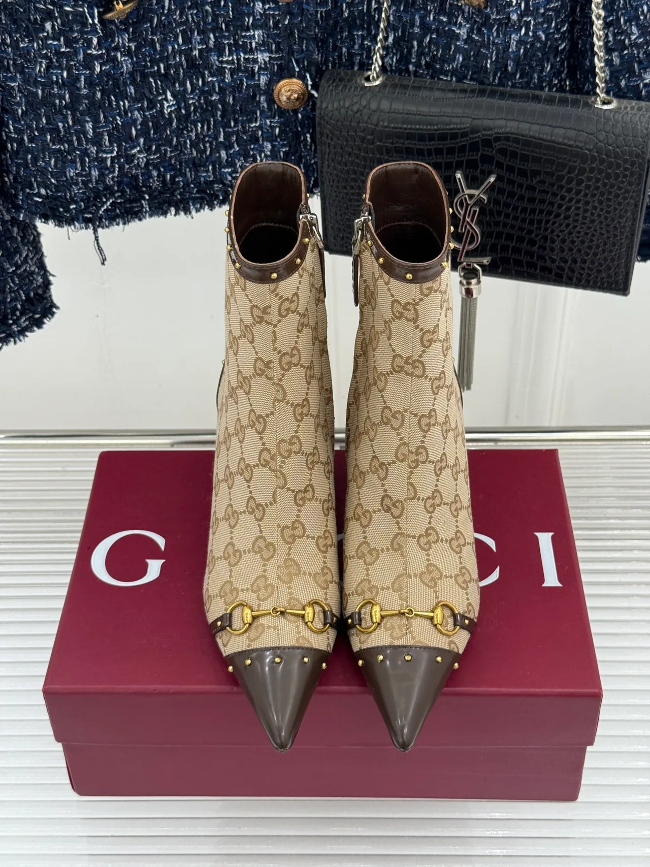 Gucci Sheepskin Canvas Ankle Boots in Beige · view 3