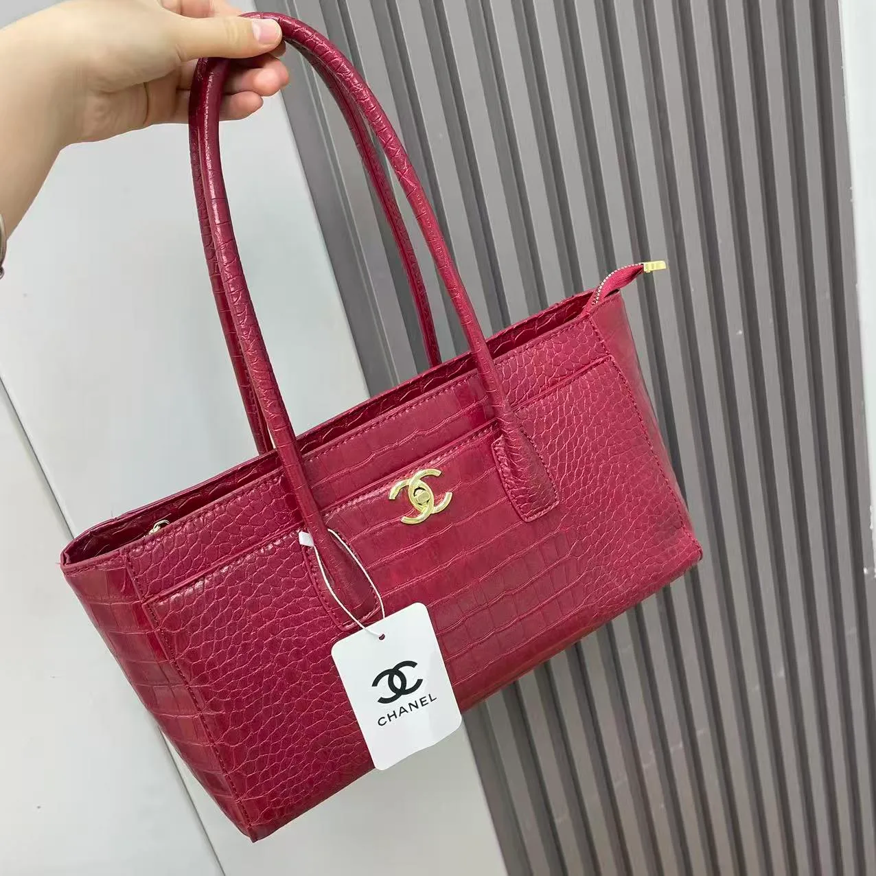 Chanel Croc-Texture Tote in Brown & White & Burgundy & Black · view 5