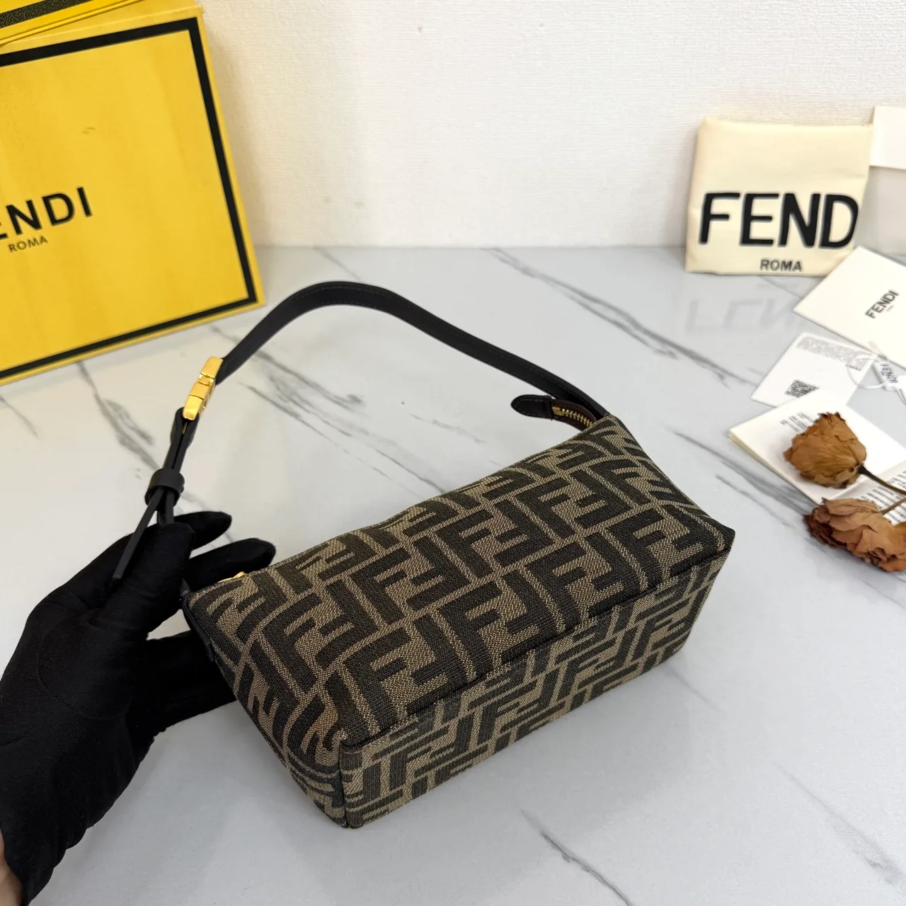 Fendi Baguette Cowhide FF-Monogram Open-Top Shoulder Bag in Brown · view 4
