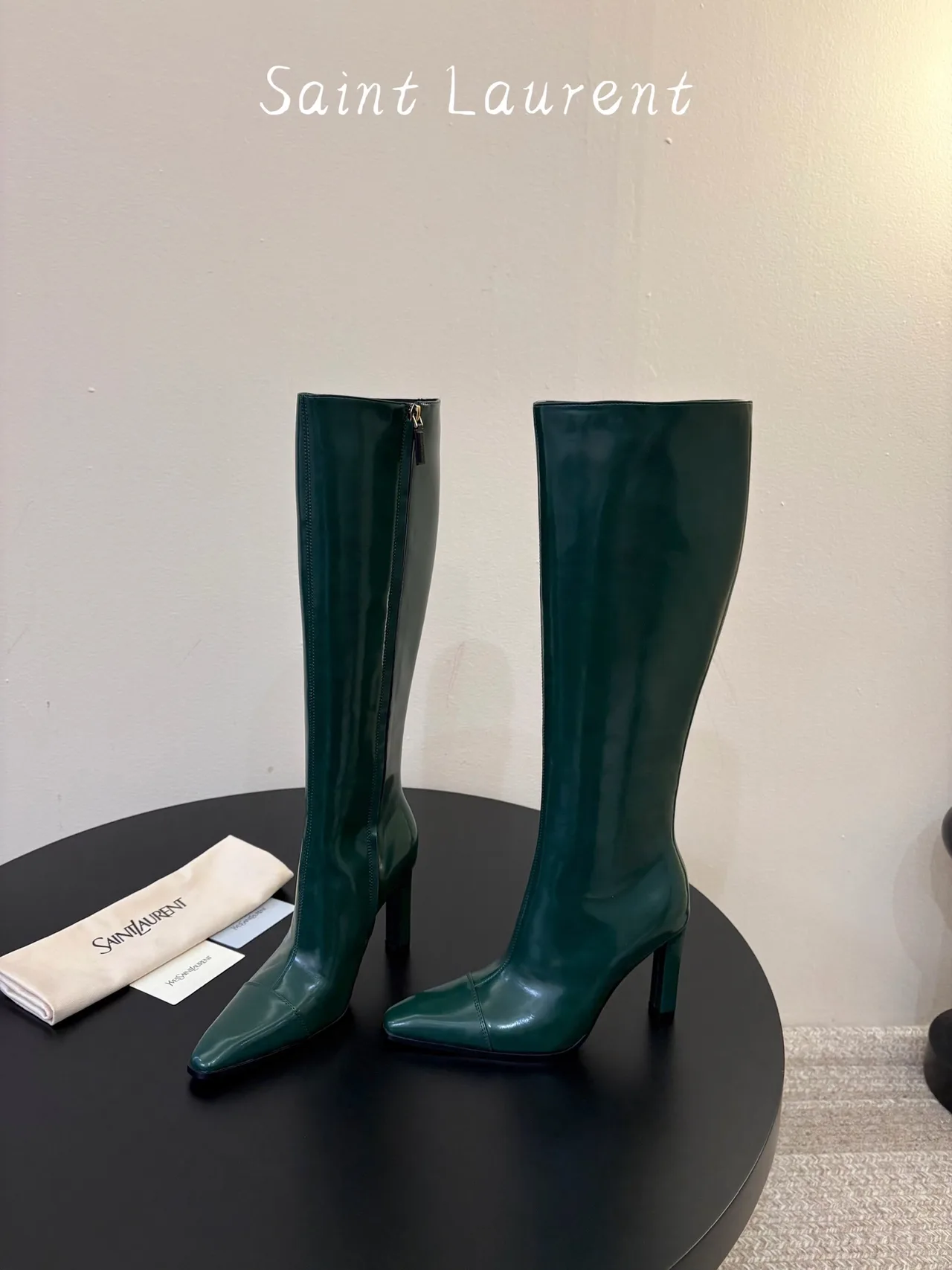 Saint Laurent Cowhide Sheepskin Glossy Pointed-Toe Knee-High Boots in Green · view 3