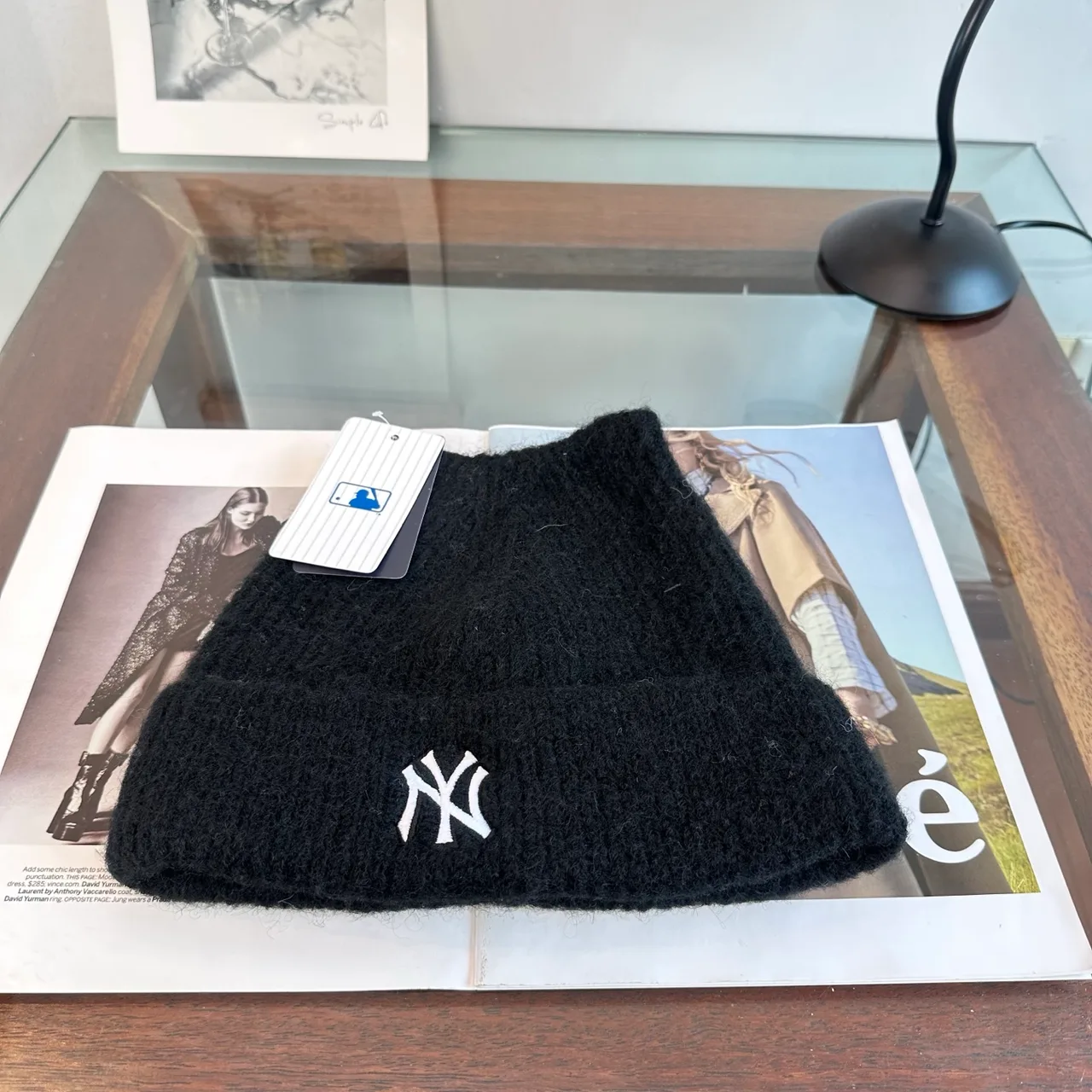 NY Letter Fuzzy Knit Beanie in Black · view 4