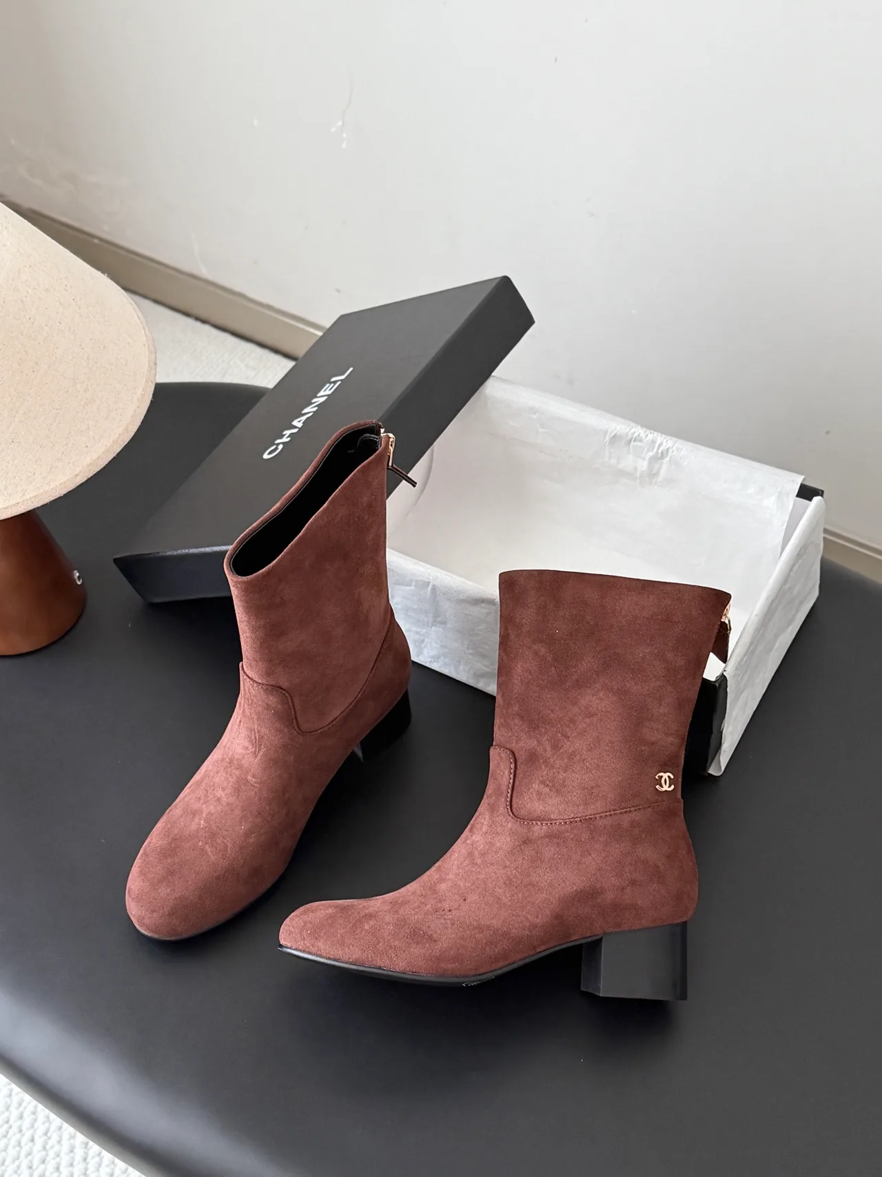 Chanel Sheepskin Suede-Look Ankle Boots in Brown · view 3